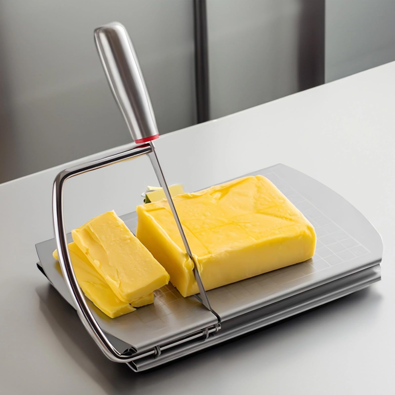 BOSREROY Käseschneider mit Messgitter, Butter-Schneidebrett aus Edelstahl, rutschfestes Küchenwerkzeug für Käse, Butter, Gemüse und Obst, vielseitiger Käseschneider
