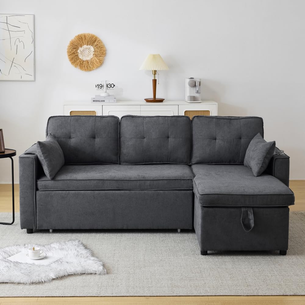 Sapgaks Sofá convertible de esquina, sofá cama con función de dormir, sofá de 3 plazas, muebles acolchados, silla larga con espacio de almacenamiento, con soporte para bebidas (gris + algodón + 3