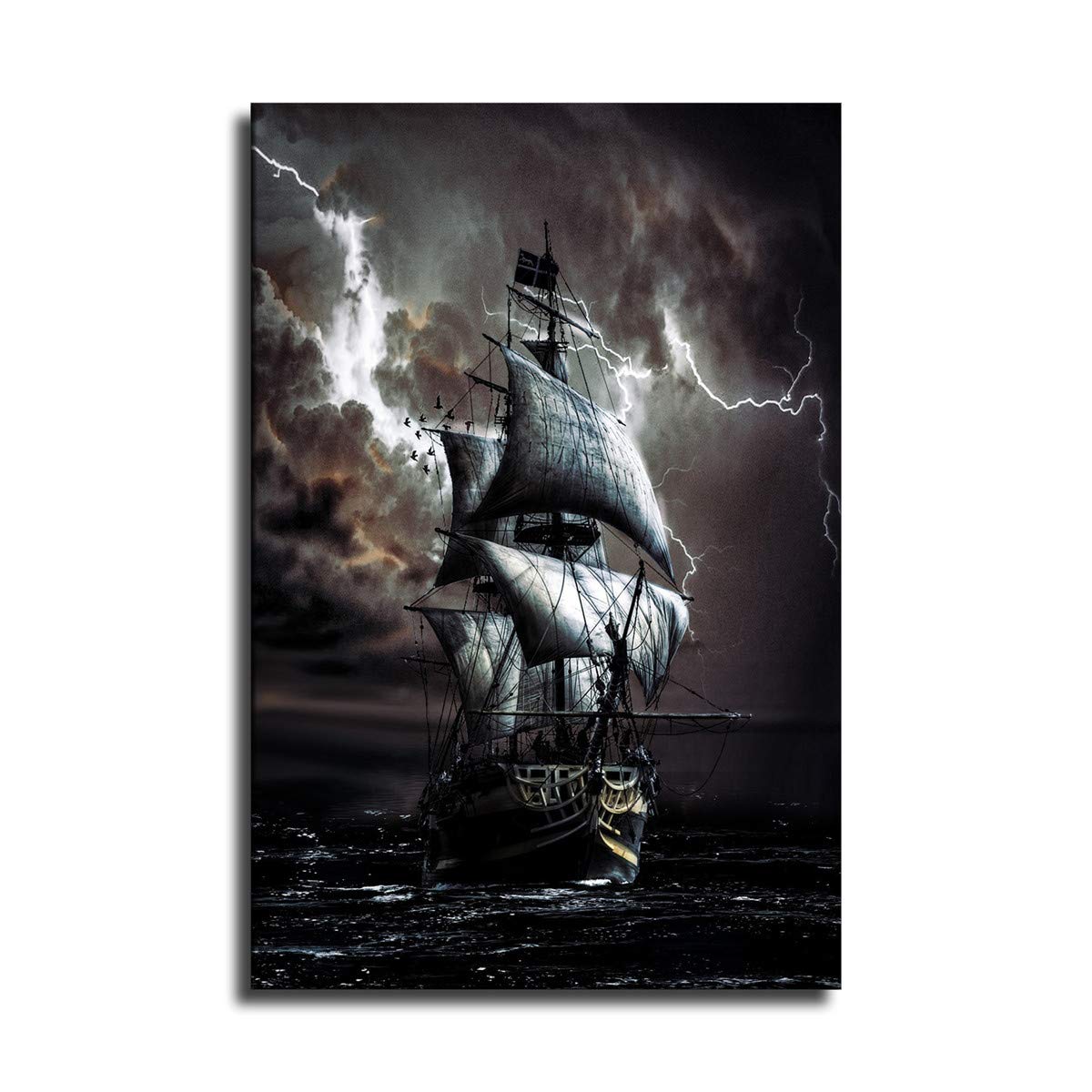 GCOCL Black Sailing Ship Painting Retro Poster and Printmaking Ship Wall Picture on Ocean Canvas for Living Room Decoration (No Framed,24x36inch)