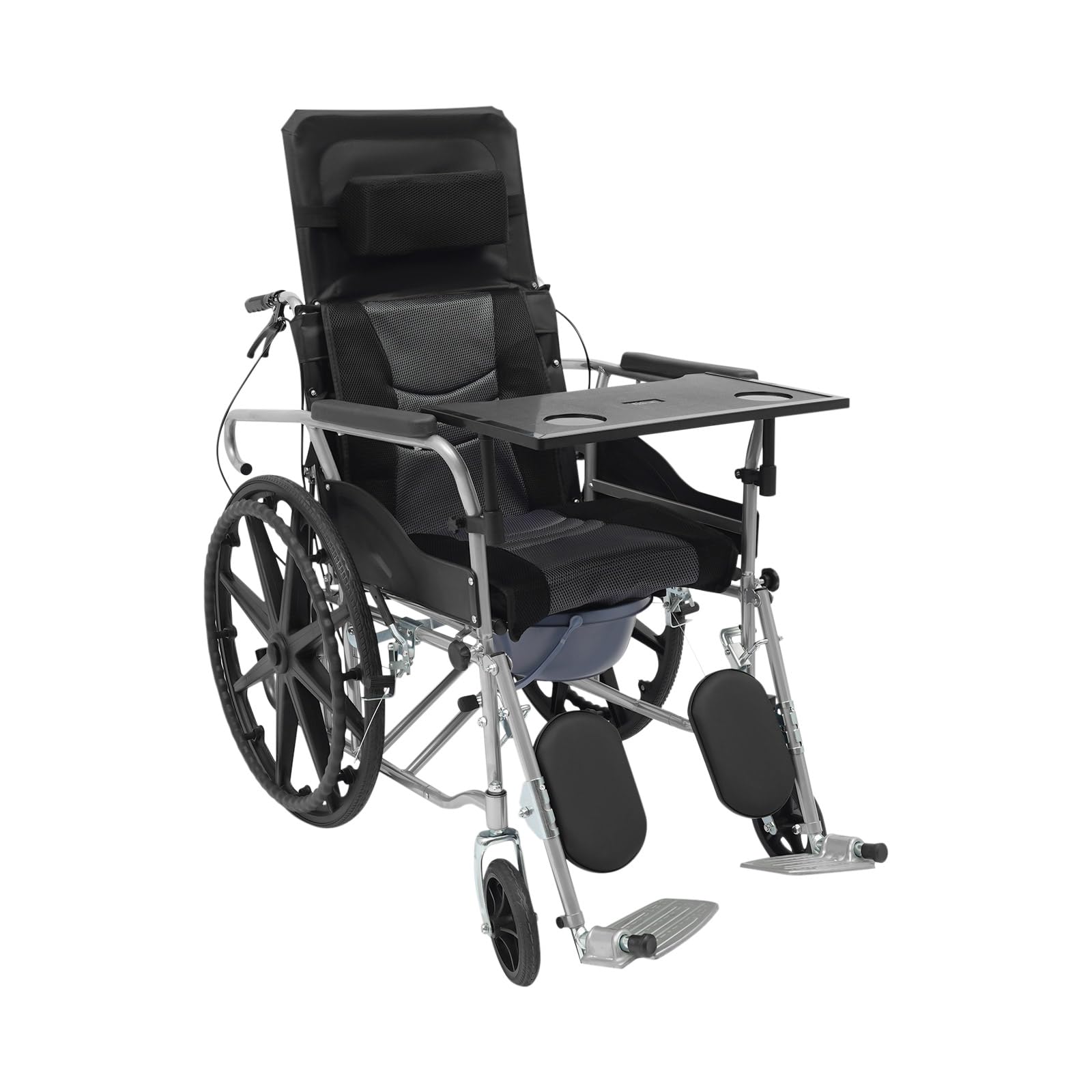 Silla de ruedas reclinable con respaldo de 90 – 180 ° y altura ajustable 89 – 121 cm, silla de ruedas de transporte de hasta 100 kg con protección antivuelco y rueda de freno, silla de ruedas