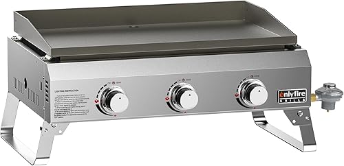 Onlyfire - Parrilla de gas de mesa con tapa y patas plegables, parrilla de gas propano de 2 quemadores, parrilla plana superior, parrilla portátil