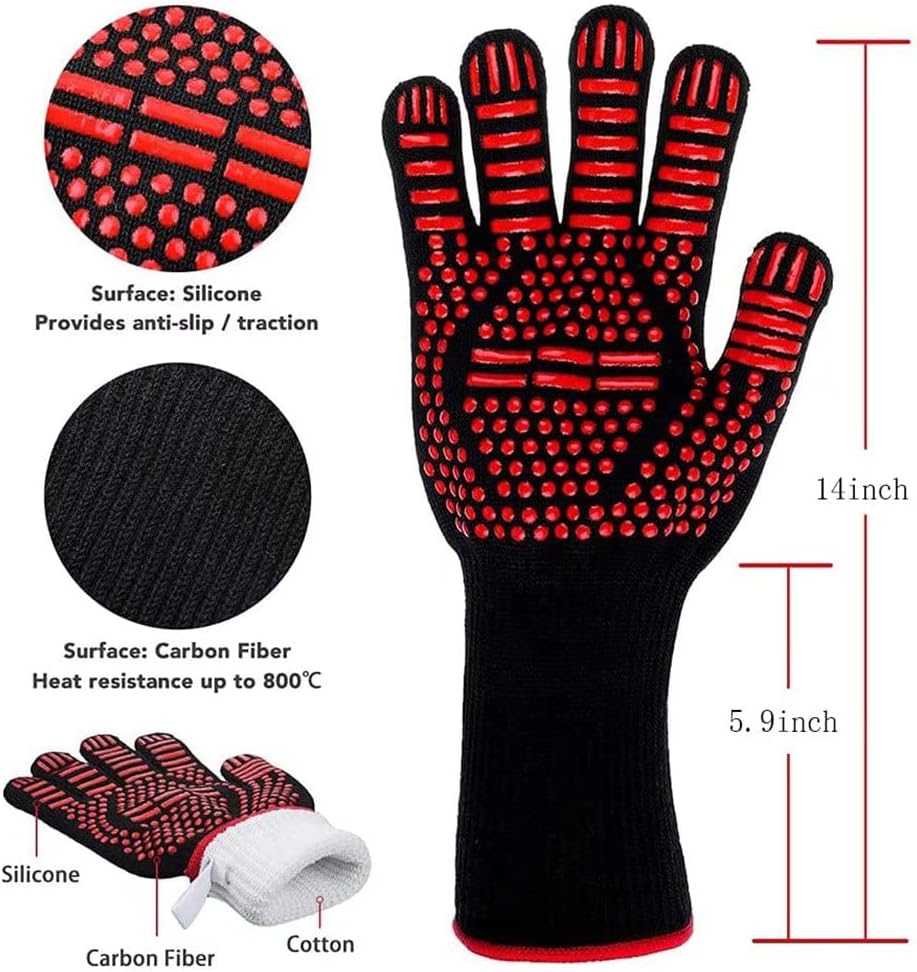BBQ Gloves, Heat Resistant Silicone Gloves, Heat Resistant to 800°C Cooking Gloves for Cooking, Grilling, Baking, 1 Pair (red)
