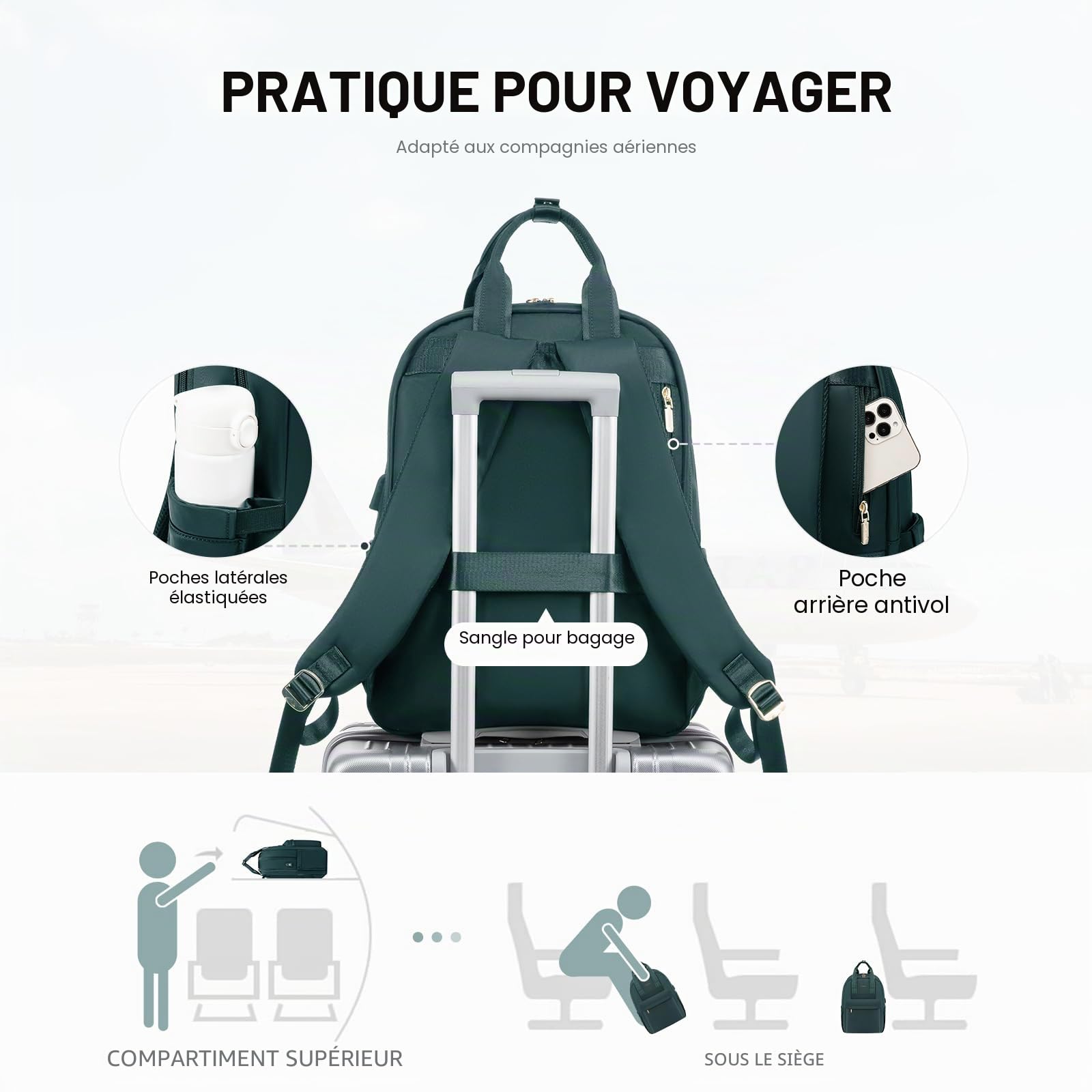LOVEVOOK Sac à dos pour femme avec compartiment pour ordinateur portable - Étanche - Sac à dos de voyage élégant - Pour l'université, le bureau, les voyages, Vert foncé, 15.6 inches, Décontracté