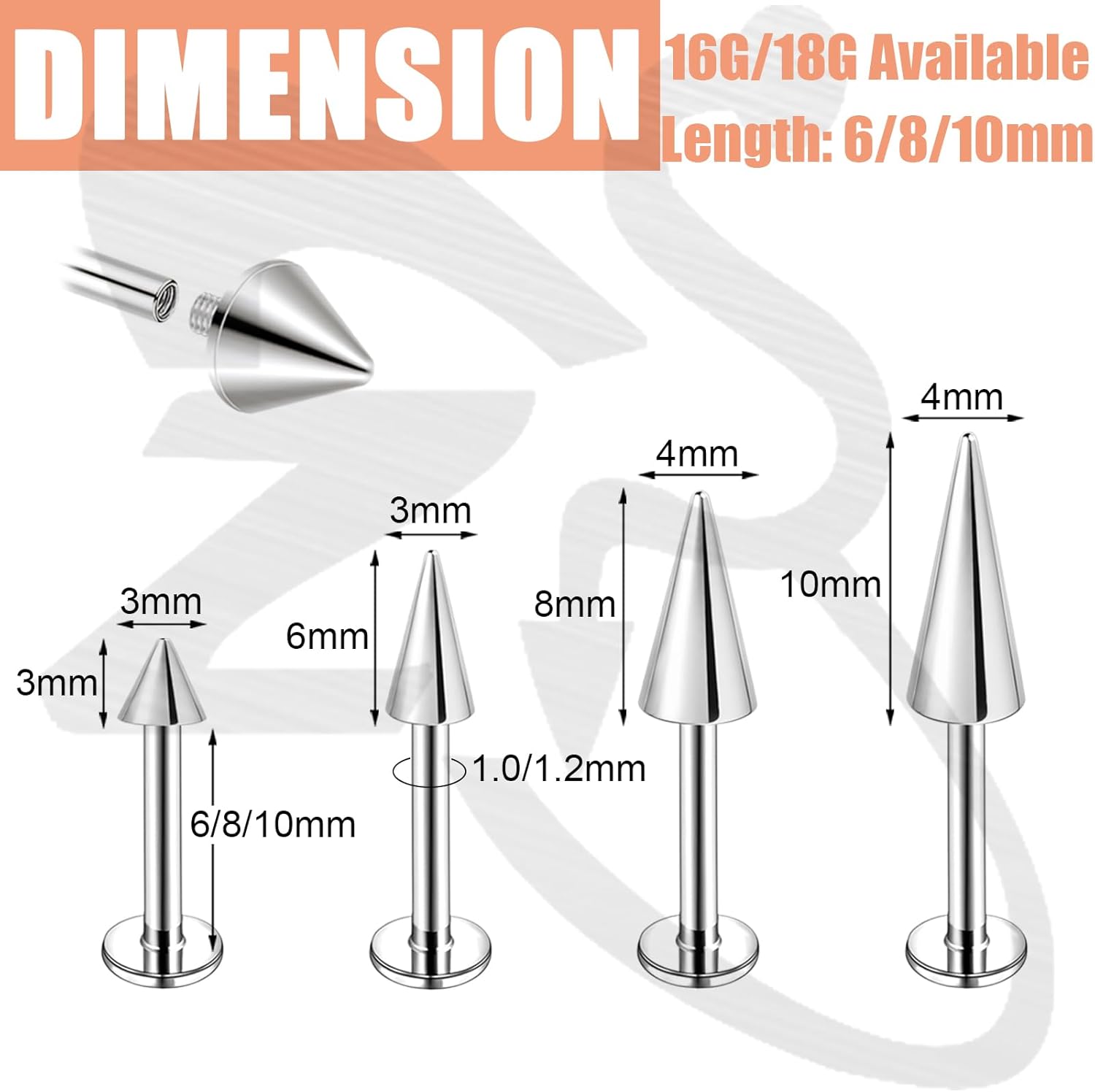 ZS 16G/18G Spike Lip Rings Cartilage Tragus Helix Piercing, Stainless Steel Spike Stud Earrings Internal Thread Snake Bite Piercing Jewelry for Women Men - Image 5