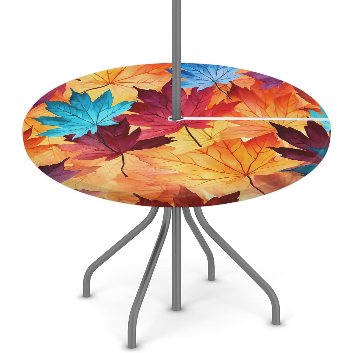 cfpolar Colorful Fall Maple Leaves Outdoor Round Fitted Tablecloth with Elastic Edge, Waterproof Table Cover with Umbrella Hole Table Cloth, for Party Family Dining Fits 36-44 in Diameter Table