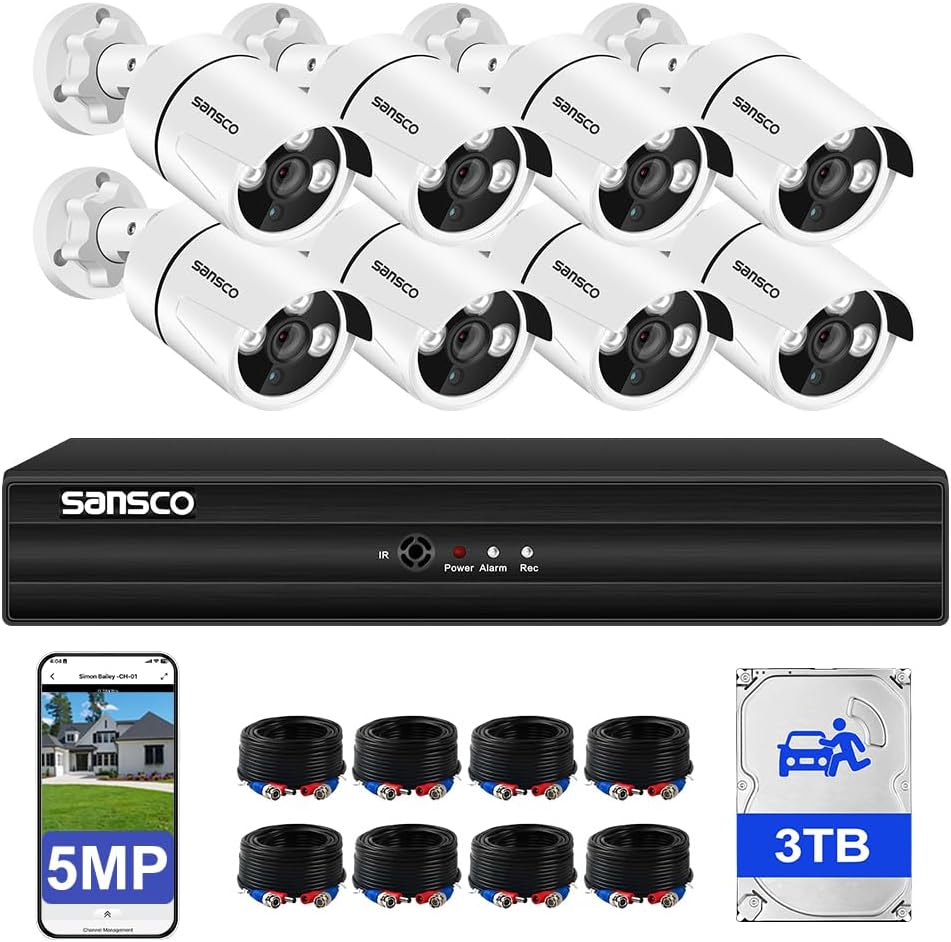 SANSCO 5MP 8 Channel Wired CCTV Security Camera System, 8CH DVR with 3TB Hard Drive, 8x 3K Home Outdoor Surveillance Cameras, Color Night Vision, Audio Recording, Human Face Vehicle Detection, P2P