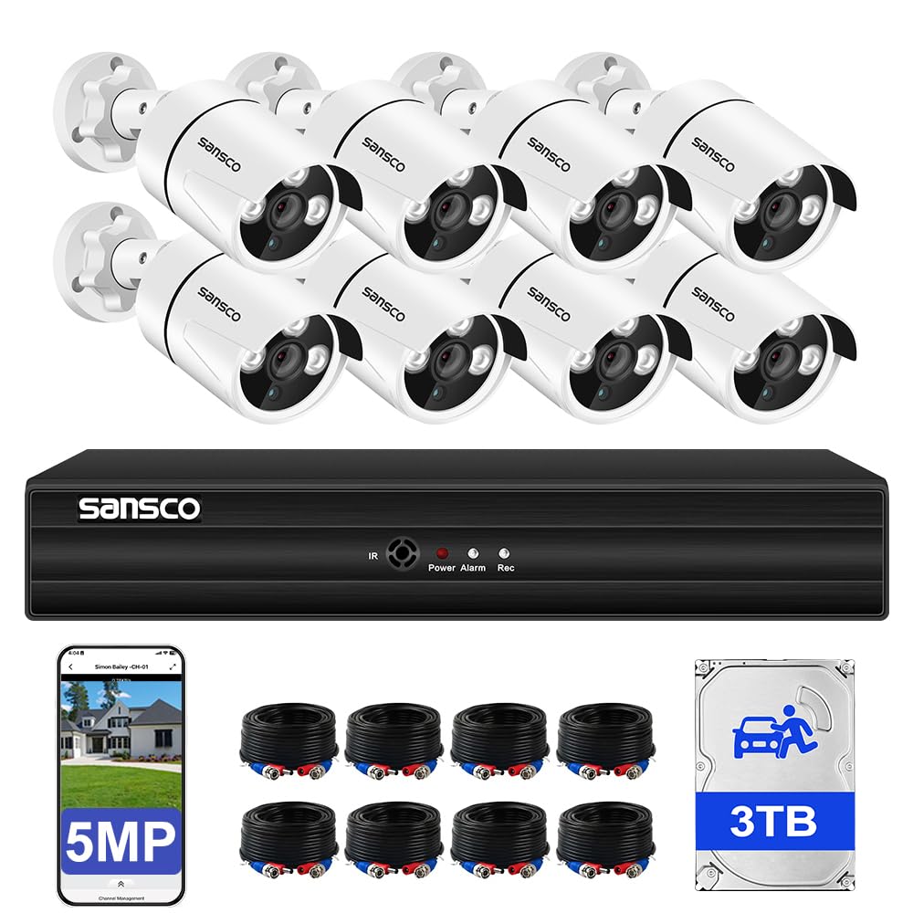 SANSCO 5MP 8 Channel Wired CCTV Security Camera System, 8CH DVR with 3TB Hard Drive, 8x 3K Home Outdoor Surveillance Cameras, Color Night Vision, Audio Recording, Human Face Vehicle Detection, P2P