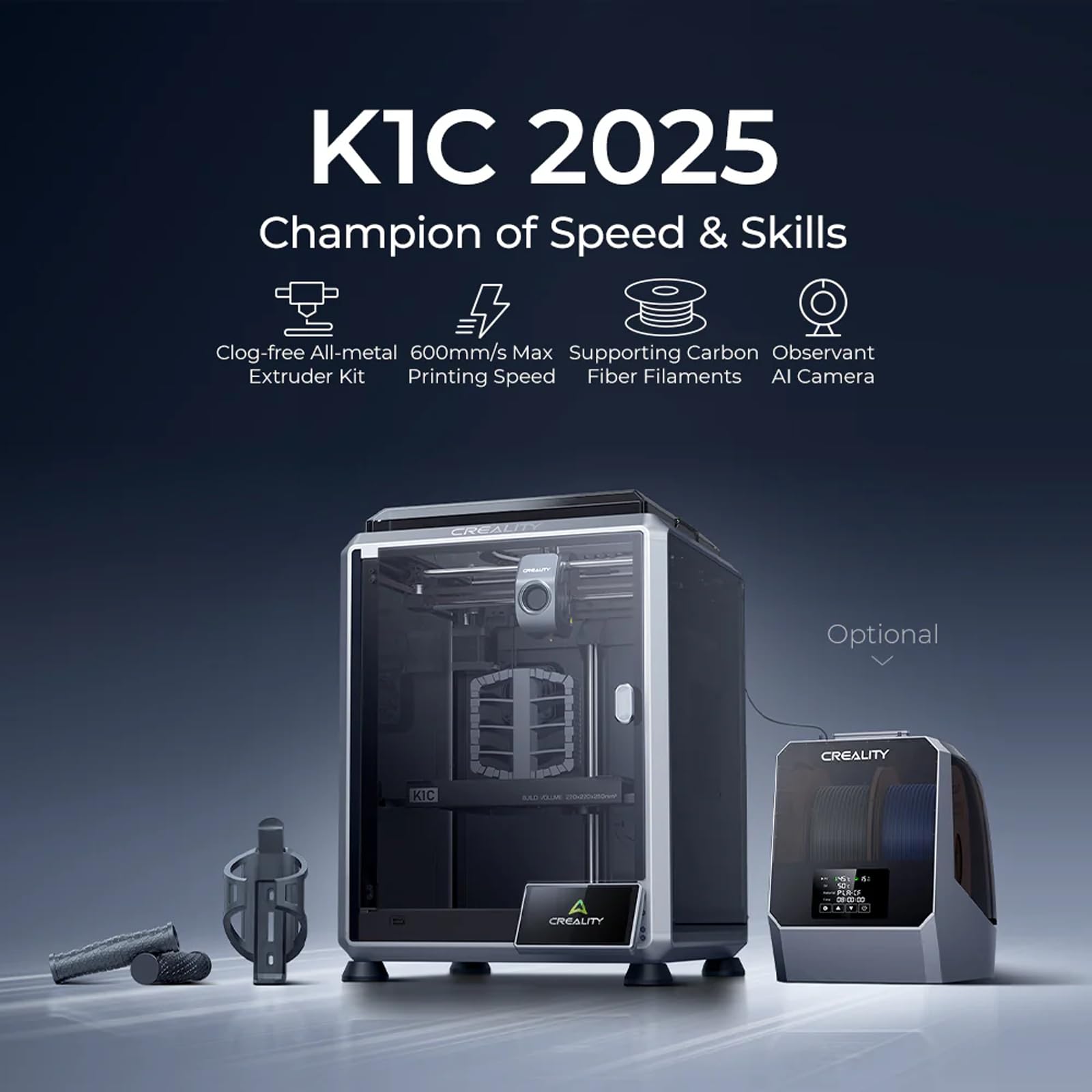 Creality K1C 2025 3D-Drucker, unterstützt CFS Mehrfarbendruck, Automatische Nivellierung und KI-Kamera, Geschwindigkeit 600 mm/s, Drucken für Anfänger und Profis