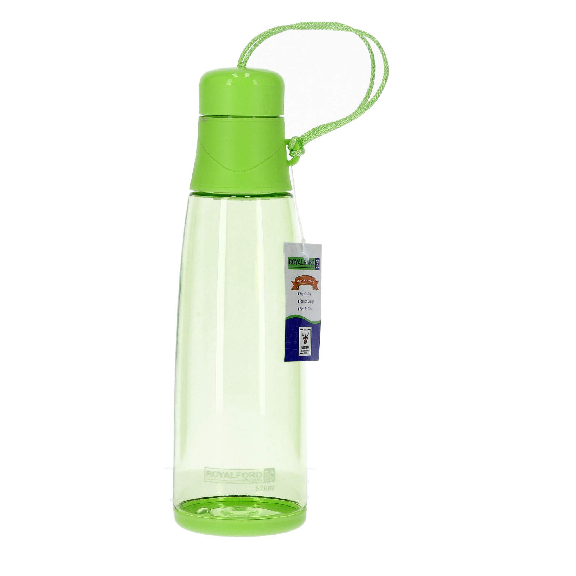 Royalford rf7277gr 520ml water bottle - portable cap bottle, travel flask with hanging loop | air tight & leak proof 100% eco-friendly perfect for water, juice, shakes more
