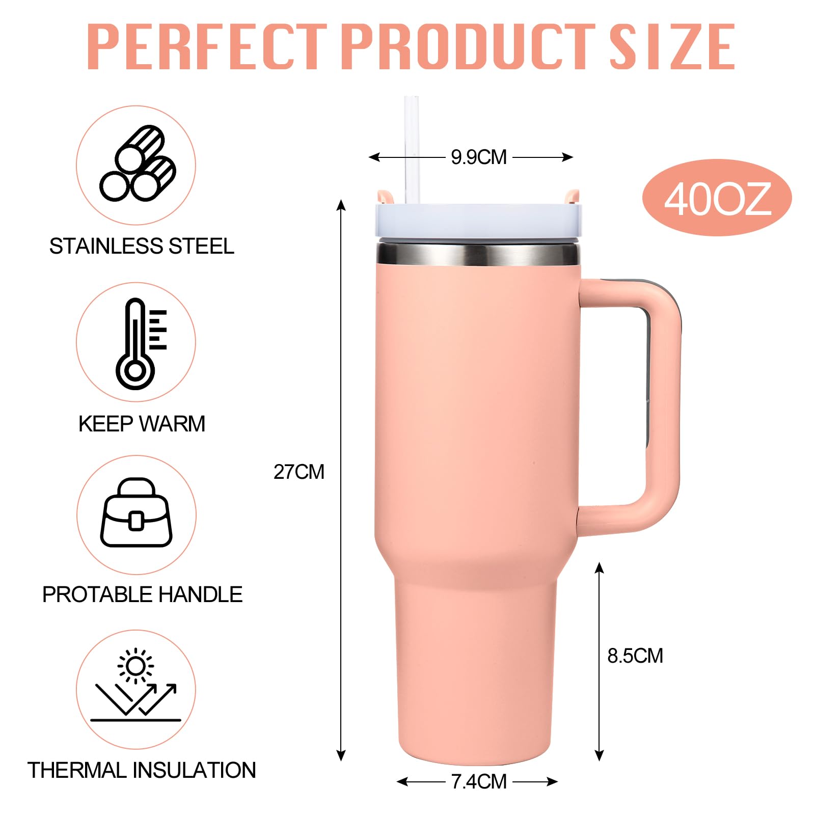 Vaso aislado de acero inoxidable con asa y tapa con pajita, taza de viaje reutilizable para bebidas frías, ideal para café helado en casa o sobre la marcha