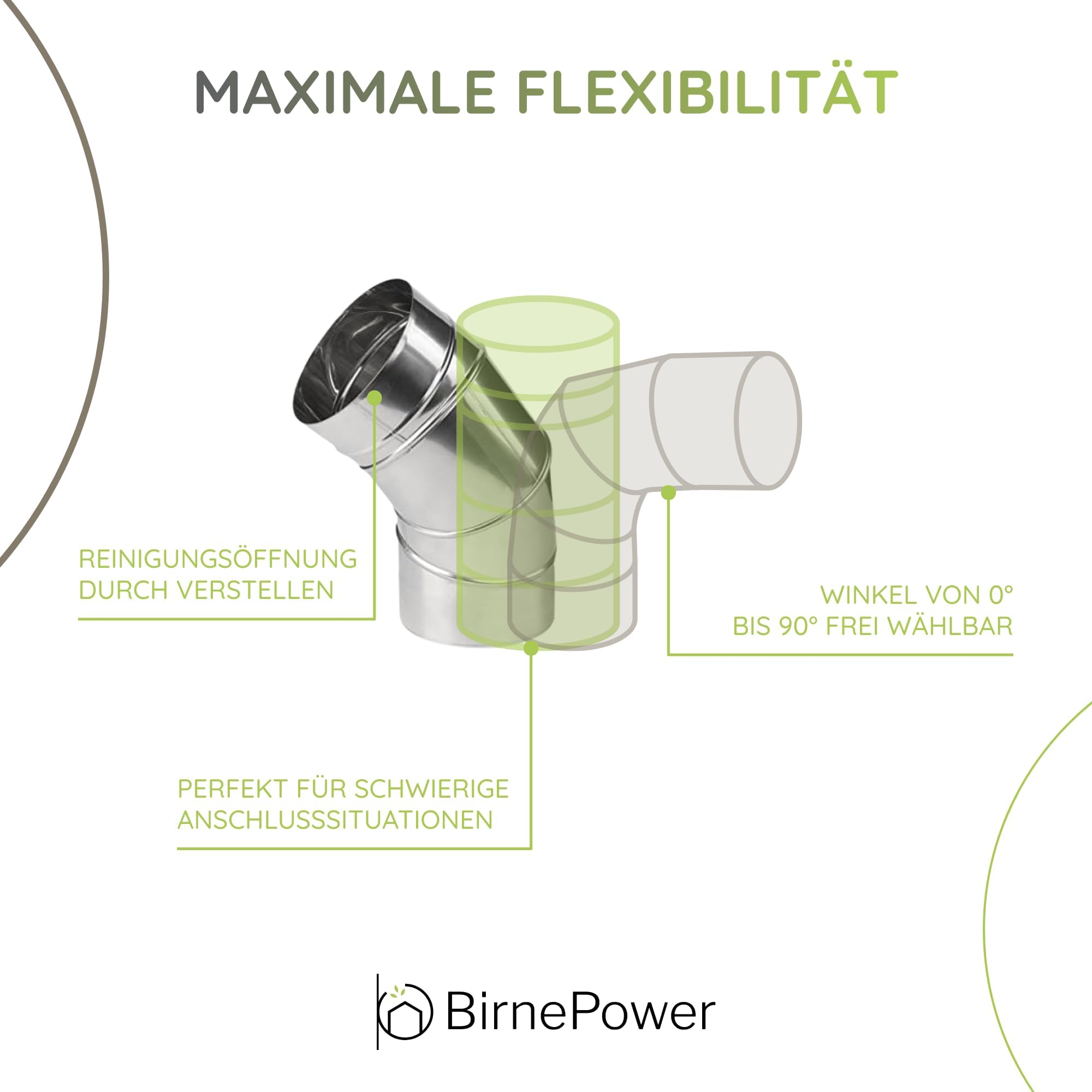 BirnePower Coude Réglable 0-90° 120 mm en Acier Inoxydable, Accessoire pour Tuyau de Poêle, Conduit Cheminée et Évacuation des Fumées