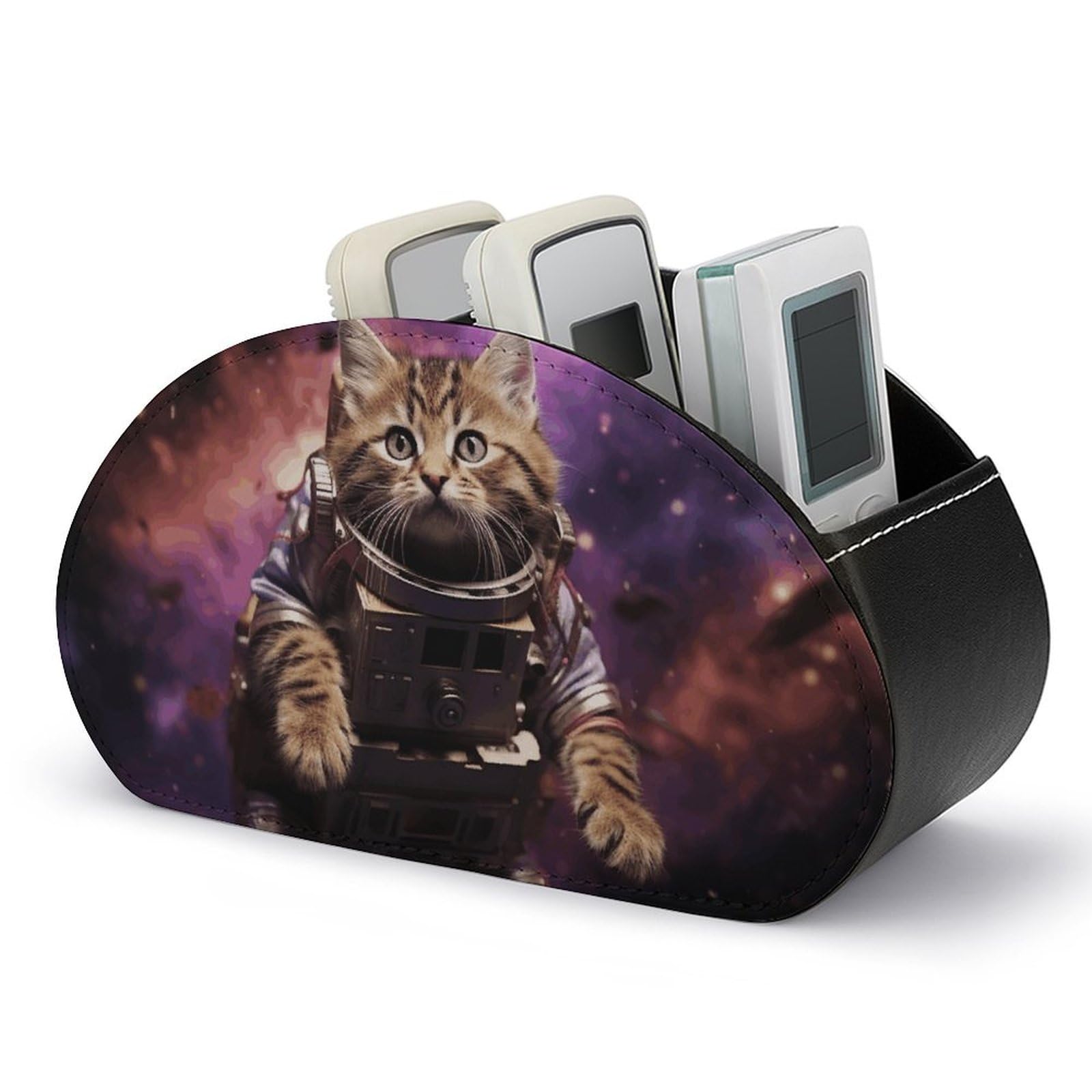 NWTRJ A Cat in Outer Space Remote Control Holders Pu Leather TV Remote Holder with 5 Compartments Desktop Storage Organizers Remote Caddy Box for TV Remotes/Media Controllers/Office Supplies