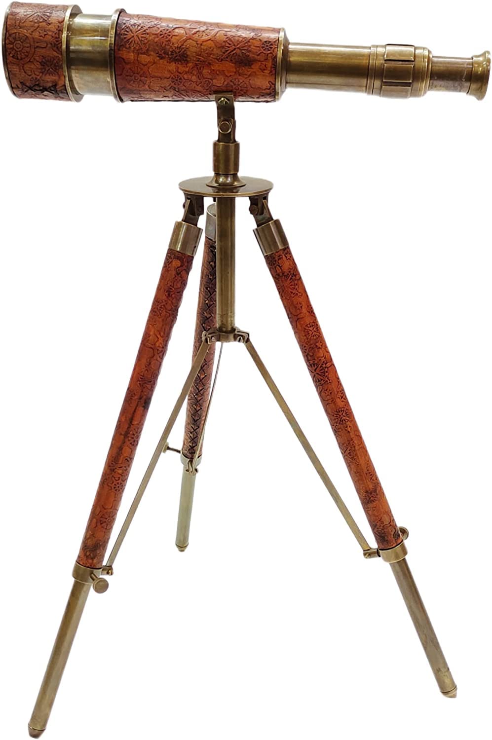 Vintage Marine Design Nautical Single Barrel Antique & Brown 10''Antique Brass Table Top Standing Telescope - NAVIROCK