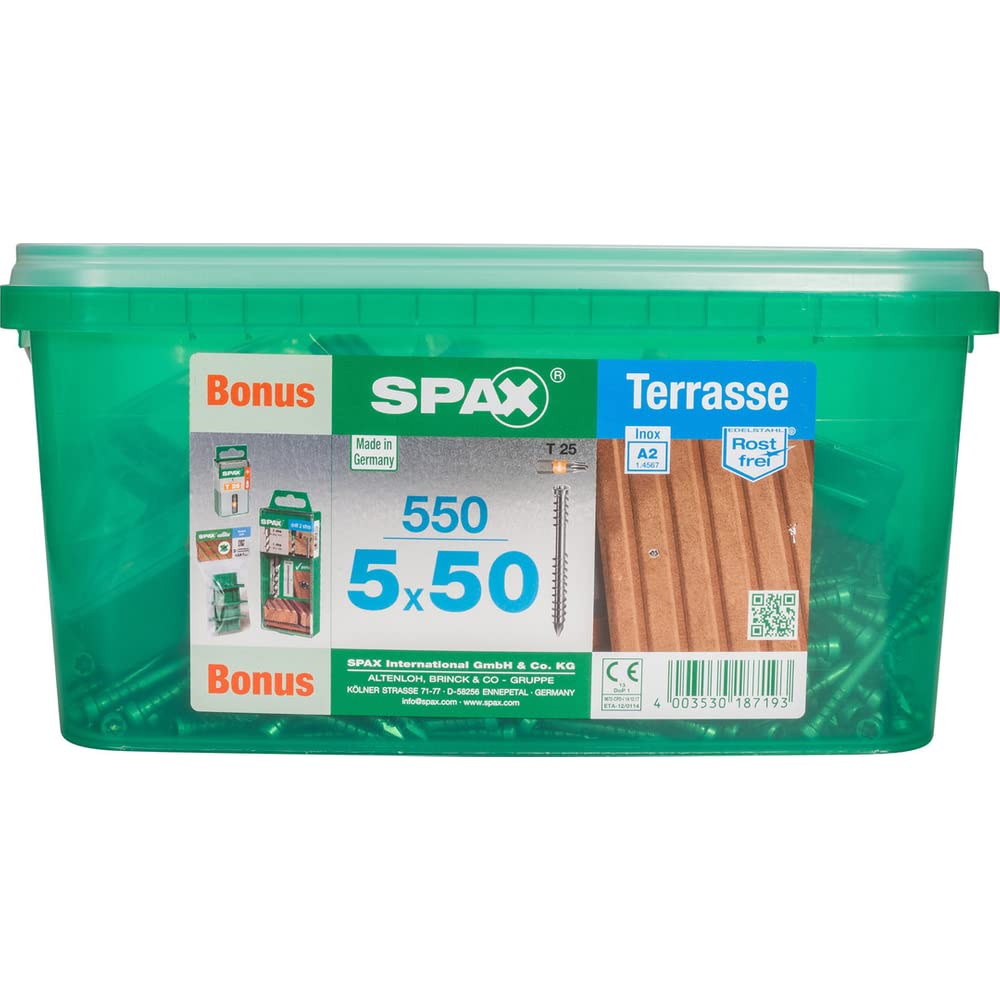 Lot de 550 vis terrasse inox tęte cylindrique étoile SPAX, Diam.5 mm x L.50 mm