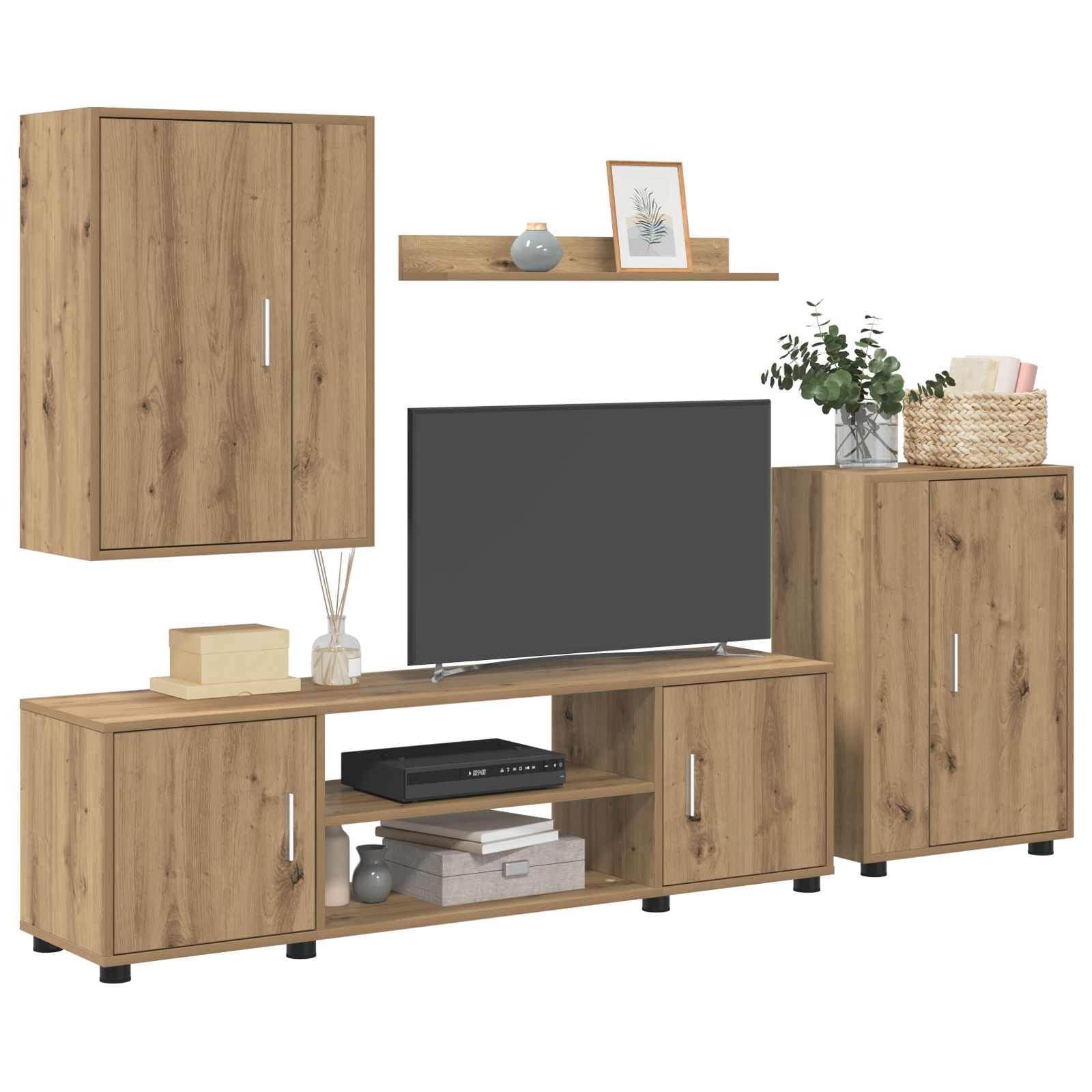 TV-Schrankset Wandmontiert 4-teilig, Artisan-Eiche Holzwerkstoff, Modernes Media Center für Wohnzimmer, Elegante Aufbewahrung, Robuster Fernsehschrank