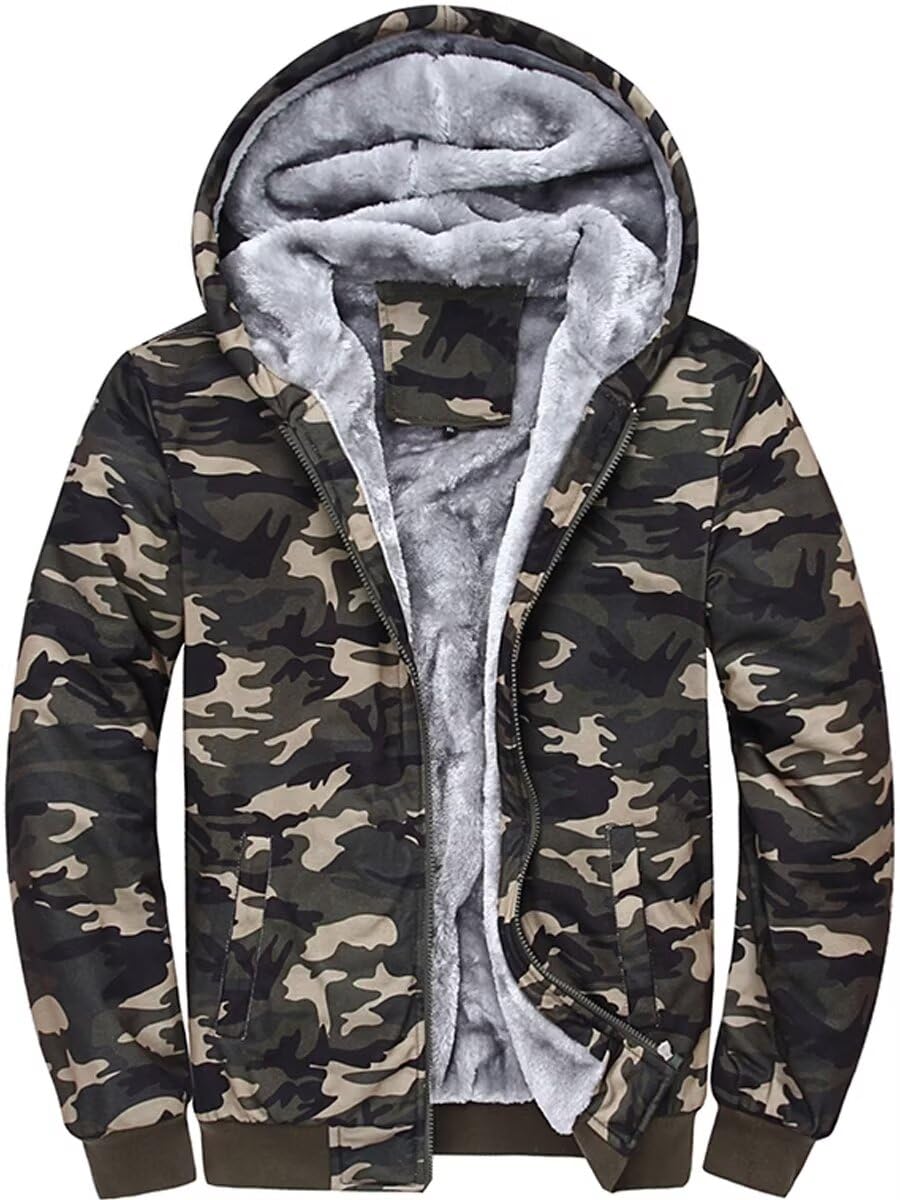 Wieayumei Men's Camo Green Hoodies Fleece Zip Up Hooded Sweatshirts Pullover Warm Jackets Winter Fuzzy Sherpa Lined Camouflage Coats Green Camo S