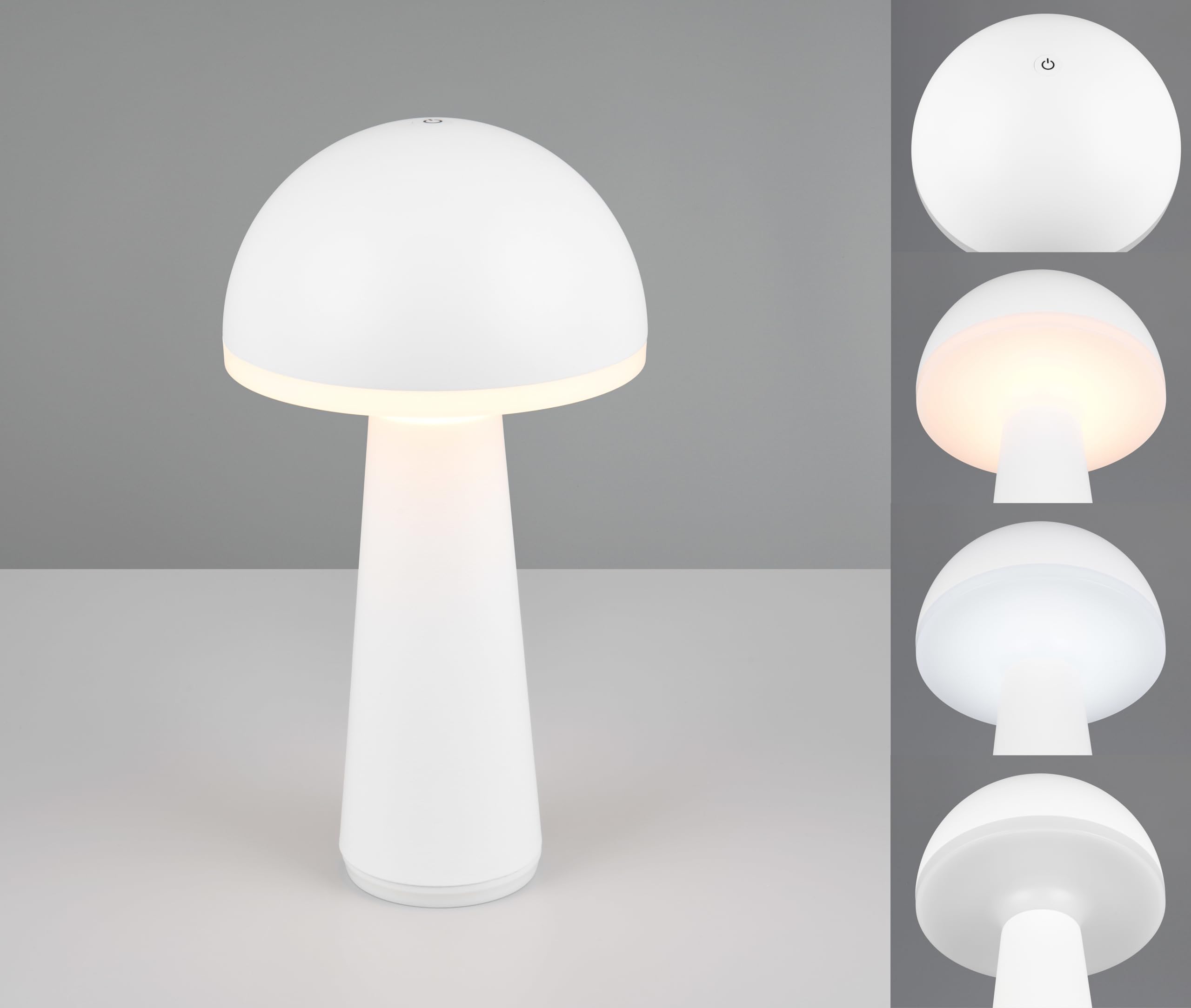 Reality Leuchten LED Außen Akku Tischleuchte Fungo R57716131, Metall Weiß matt, Kunststoff Weiß, inkl. 2 Watt LED, dimmbar, Lichtfarbe einstellbar, Ladestation