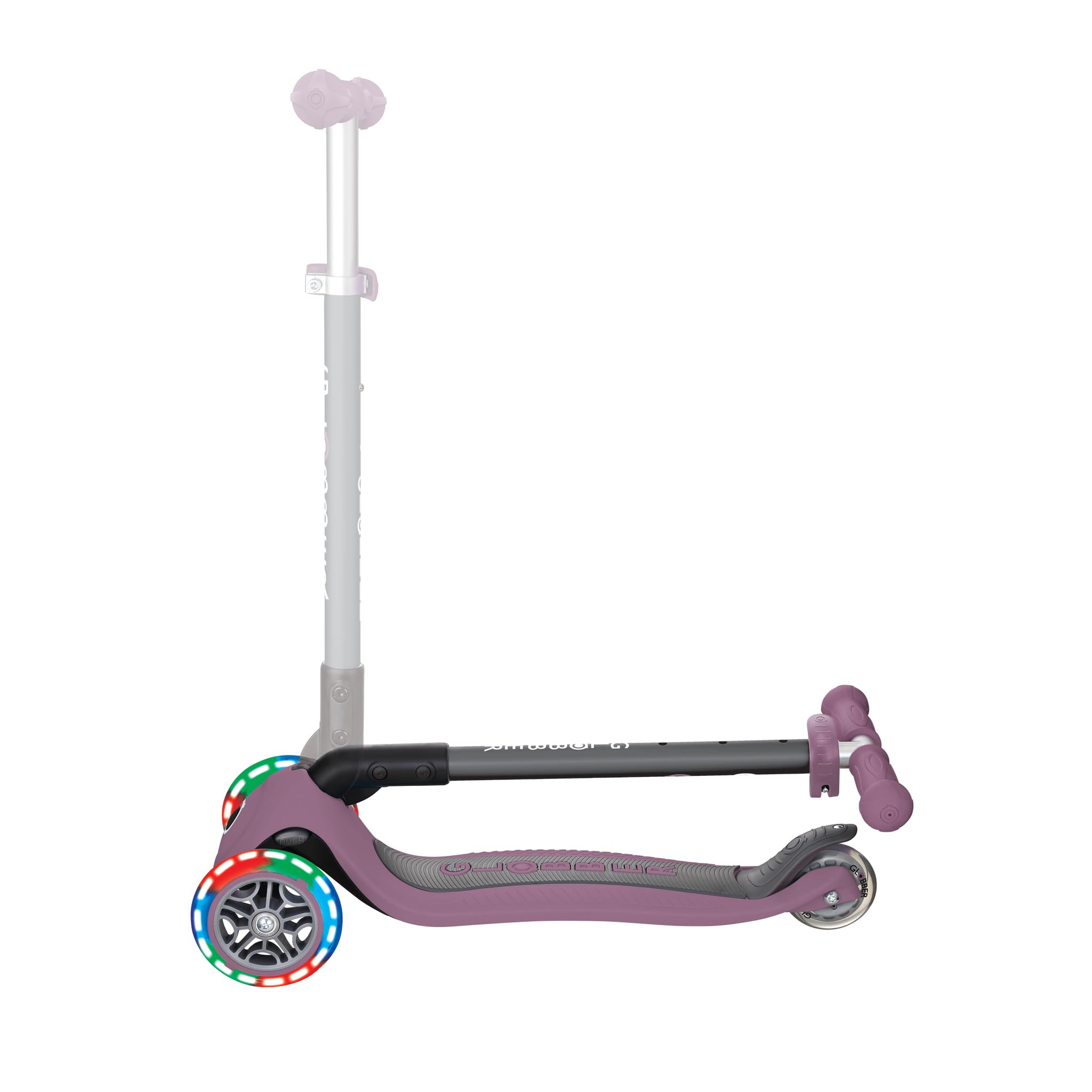 GLOBBER Primo Foldable Lights - Patinete infantil 120/80 mm, ABEC 5, 3 ruedas, altura regulable, ruedas LED, color morado