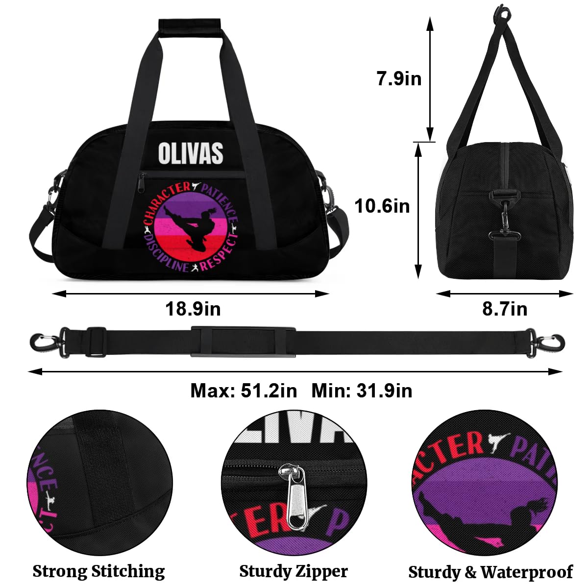 Custom Kids Taekwondo Bag Sport Gym Bag for Girl, Personalized Duffel Bag Carry On Weekender Travel Bag Gift for Taekwondo Lover Red Purple