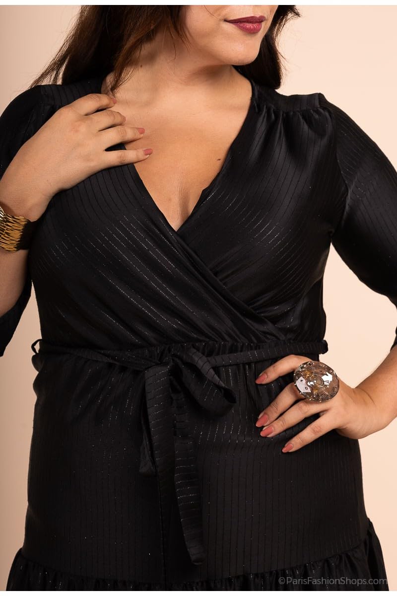 MULTIPLES Robe Longue Cache-cœur satinée Fluide Noir, Grande Taille Disponible, Fabriqué en France