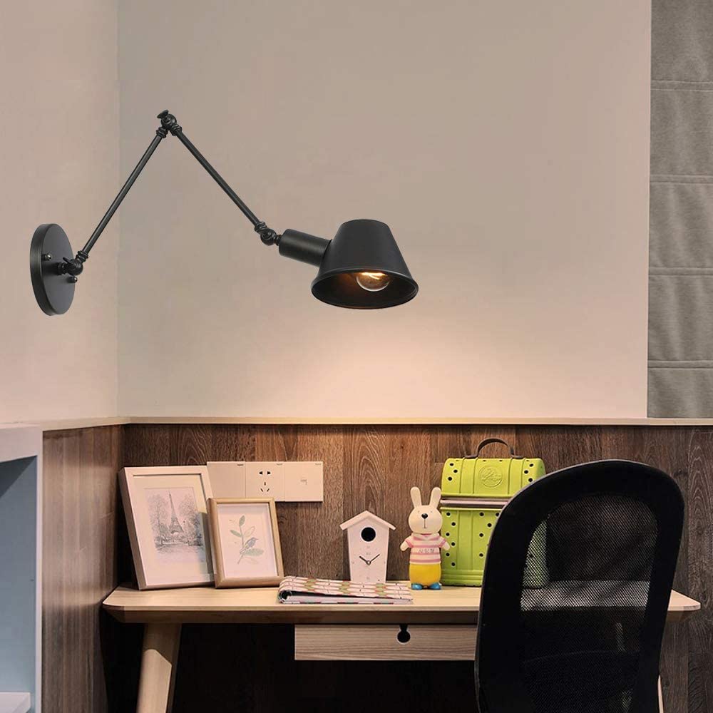 HCZKIUJY Wall Light Wall Lighting E27 Metal Retro Wall Lighting Long Arm Adjustable Wall Lamp, Wall Sconce Indoor Black V-intage Industrial, for Bedroom Living Room Restaurant Loft Storage Room