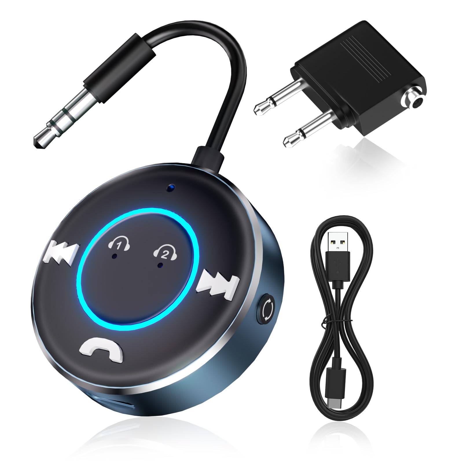 Transmisor Receptor Bluetooth 5.3, Adaptador Bluetooth 2 en 1 con Jack 3.5mm y Carga Tipo C, Compatible con 2 Auriculares, Transmisor Bluetooth Jack 3.5 para TV, Coche, Avión y Dispositivos de Audio