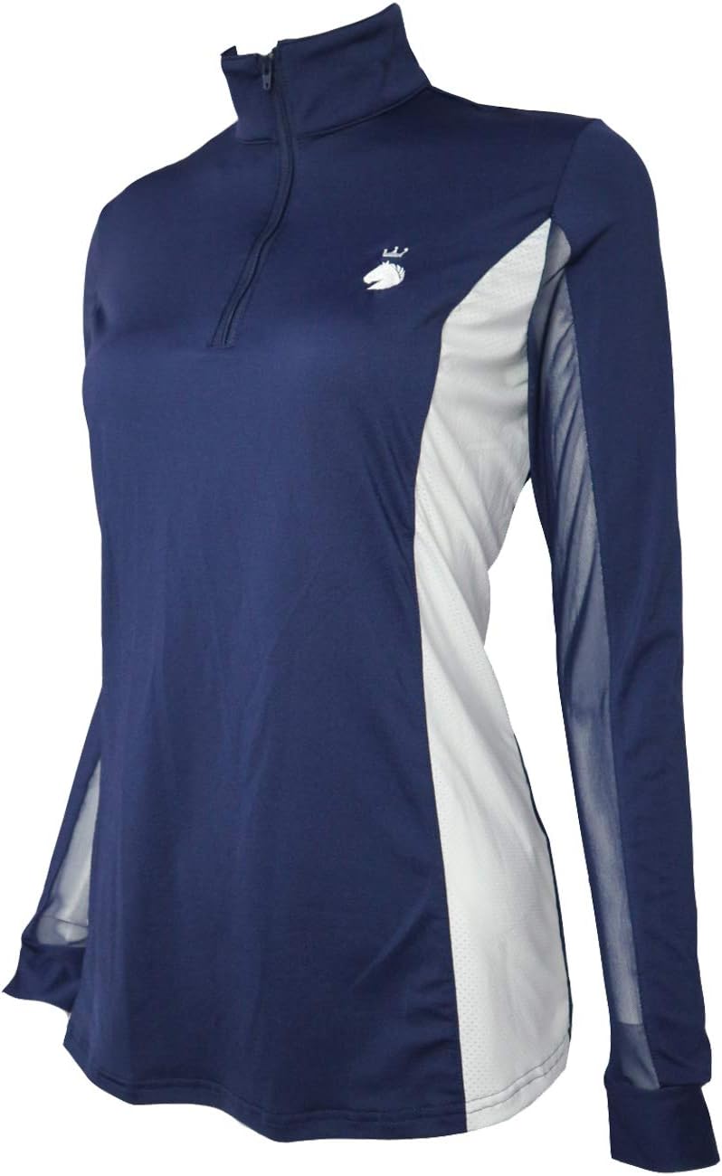 Chemise D'équitation HR-Farm Femme 1/4 Zip Bleu Marine Et Blanc