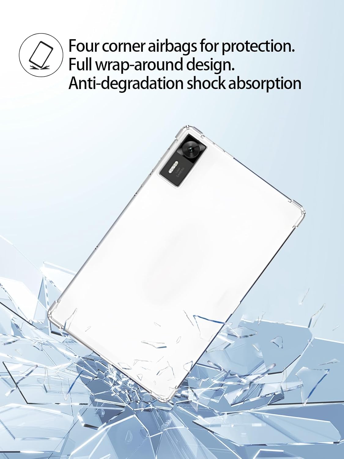 Lenovo Legion Y700 Gen 4 Tablet in UYRUREL clear case, illustrating four-corner airbag protection and shock absorption.