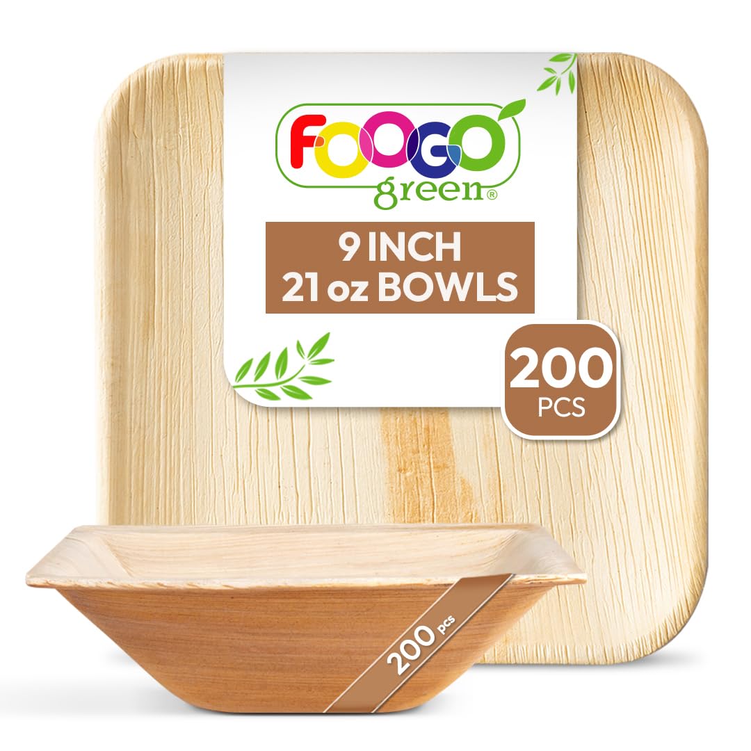FOOGO Green 400pcs Disposable Palm Leaf Plates and Bowls, 200x Large Square Plates, 200x Bowls, Disposable Bamboo, Eco Friendly Biodegradable, Strong Paper Party Wedding, Picnic, Camping