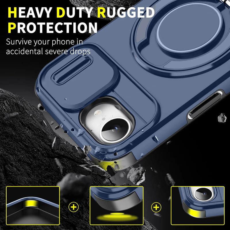 Image of LuxuryKase Shockproof Rugged Case for iPhone 16e | iPhone 17e | Slide Camera Cover | 360 Rotating Ring Kickstand | Military-Grade Protection - Navy Blue