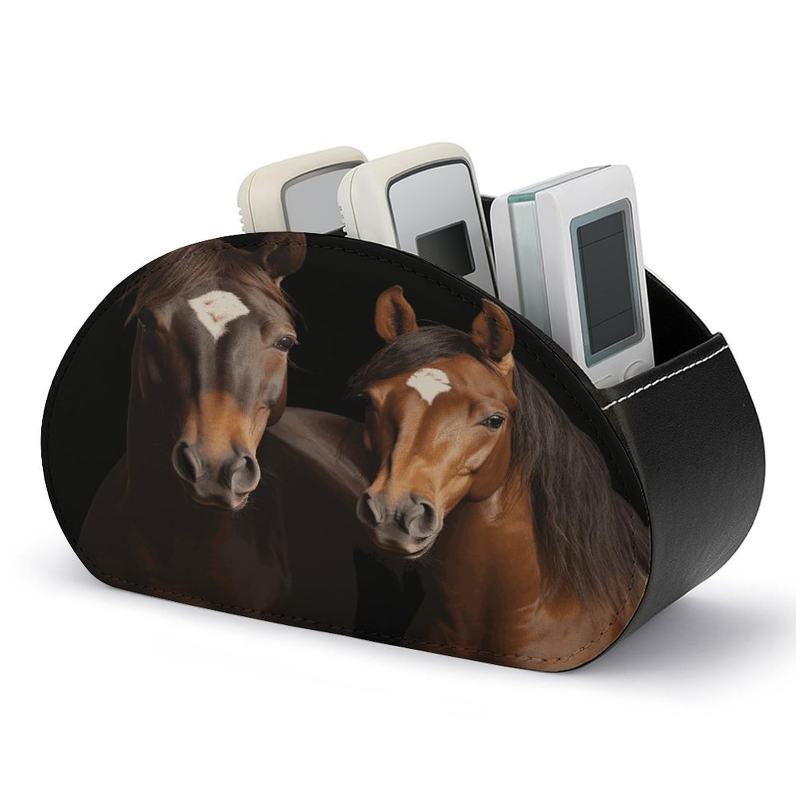 Two Horses Standing on Black Background Remote Control Holder with 5 Compartments Multi-functional TV Remote Caddy Organizer Leather TV Remote Holder Desktop Organizer Store for Bedside Table Office D