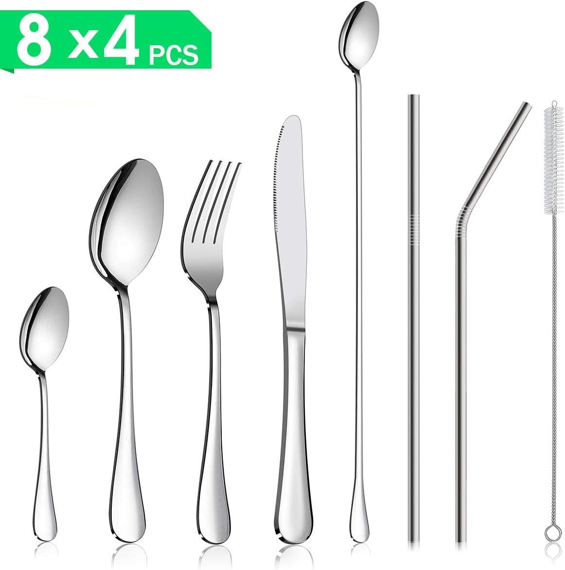 Silverware Flatware Cutlery Set Stainless Steel Utensils Service for 4 LPOLER 32 Pieces Include Forks and Knives Set, Spoon, Straw and Cleaning Brush