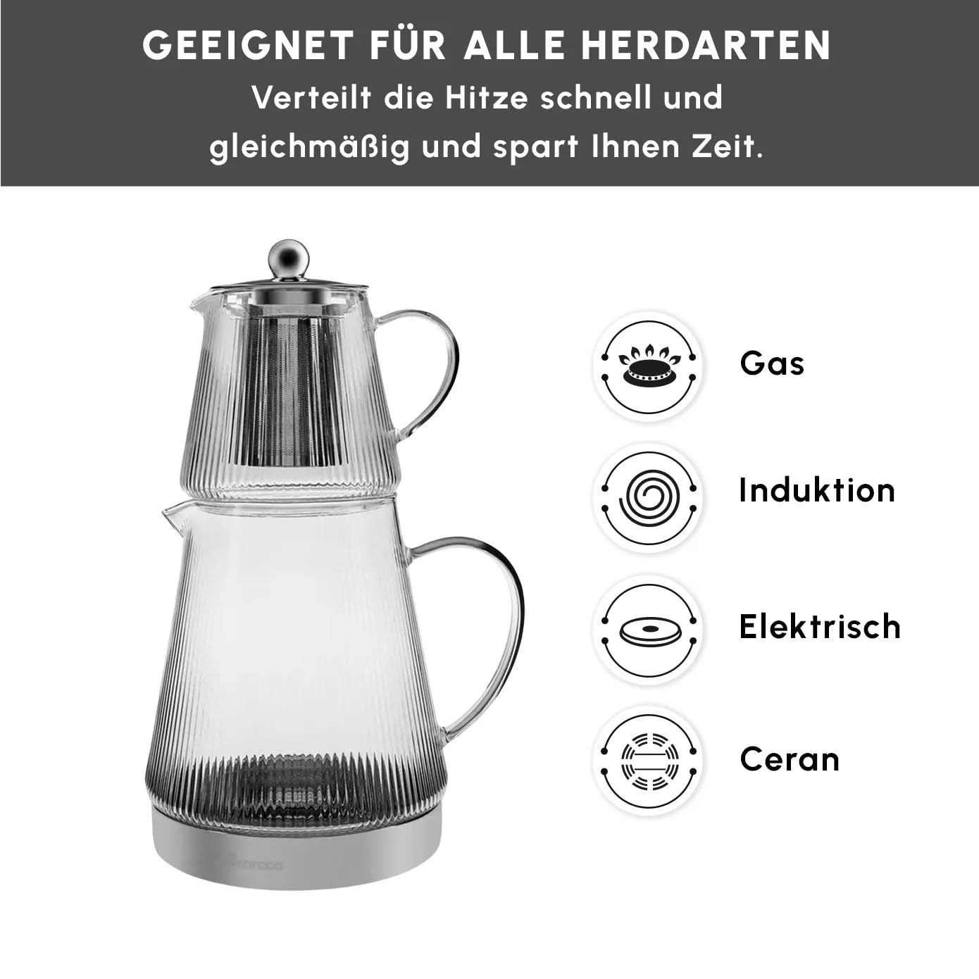 Karaca Keops Borosilikatglas Teekannen-Set mit Edelstahl-Teesieb, 1,5 L Kessel & 0,45 L Glas Teekanne mit Sieb, Turkish Tea Pot, Caydanlik, Türkischer Teebereiter für Kräutertee, losen Tee