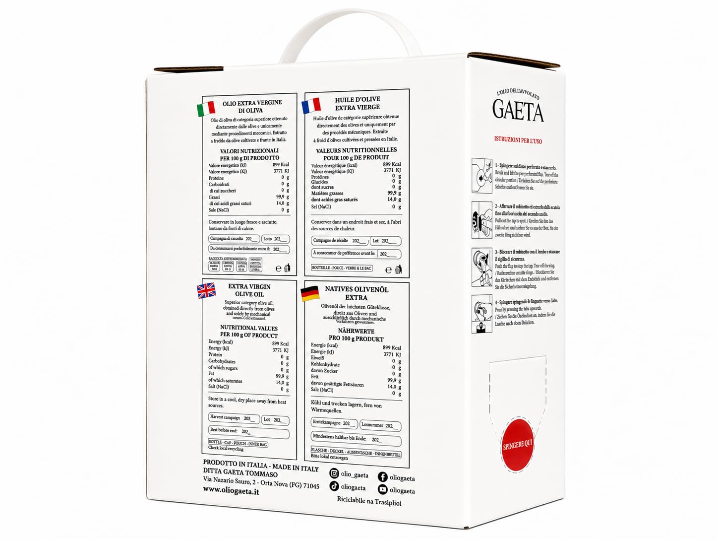 Olio L'Avvocato Gaeta Extra Vergine Italiano Estratto a Freddo 5 L