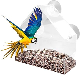 Window Bird Feeder with Strong Suction Cups, Clear Bird Seed Feeders with Seed Tray, Drain Holes and 3 Suction Cups, Squirrel Resistant, Fits for Cardinals, Finches, Chickadees Etc