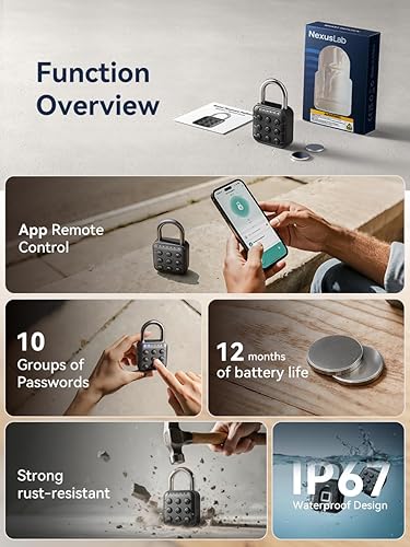 Miniatura 2 de NexusLab Candado inteligente de 6 dígitos con aplicación TUYA - IP67 impermeable, aleación de zinc militar, 10 contraseñas, alertas duales para