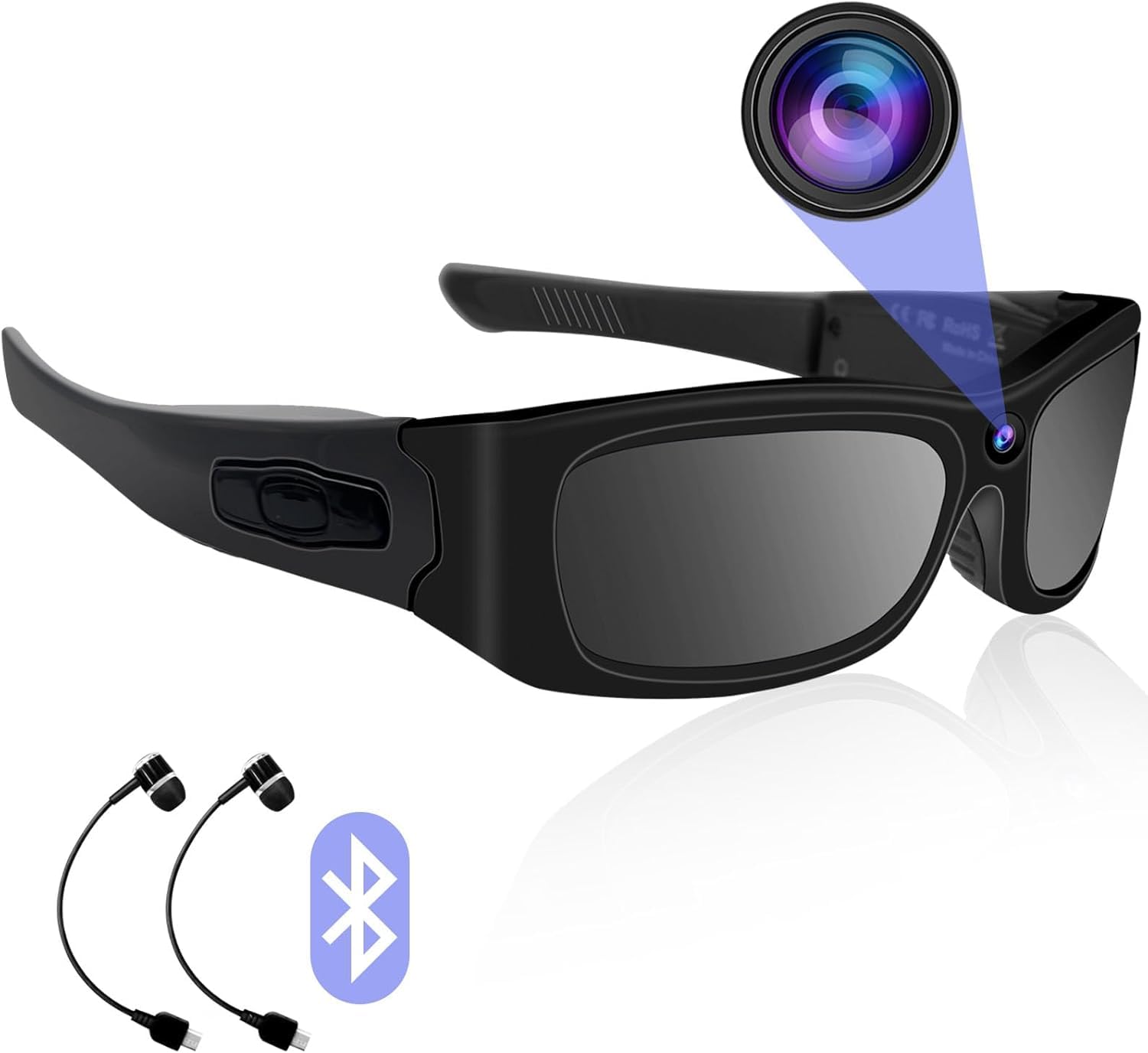 Occhiali da sole con telecamera nascosta spia Full HD 1080p, Bluetooth con cuffie per musica, telefono. Con lenti polarizzate con protezione UV, per attività all'aperto e viaggi - CW895