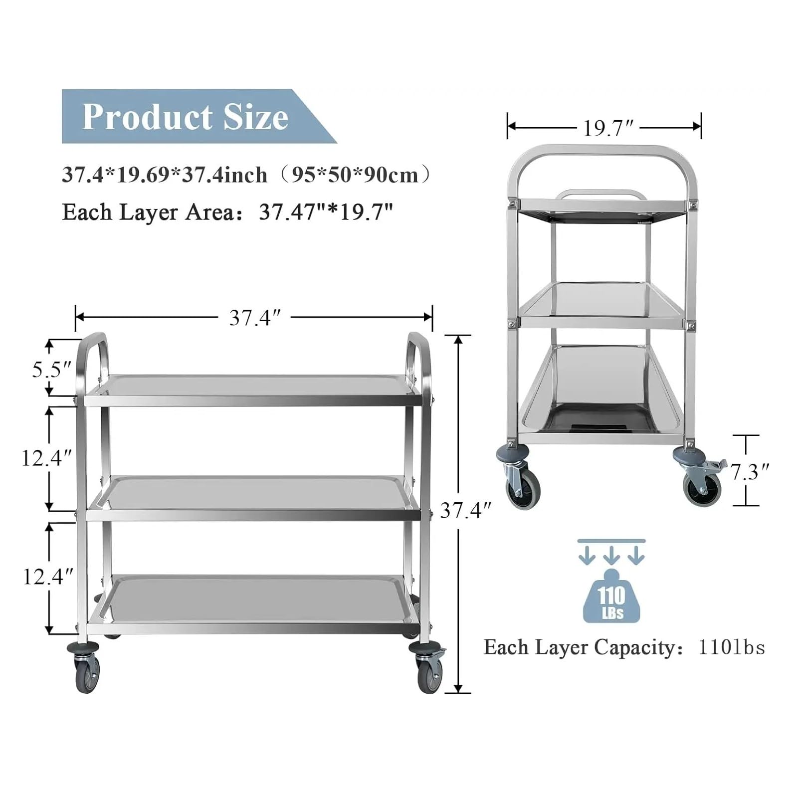 Carrello da cucina, in acciaio inox 201, 3 ripiani, carrello da cucina, carrello da portata con ruote, 70 x 40 x 83,5 cm, adatto per ristoranti, biblioteche, cucine, salotti, ecc