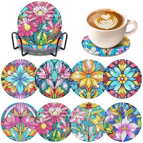 Diamond Painting Coasters Kit with Holder,DIY Diamond Art Coasters Kit,8 Pcs Glass Flower Diamond Painting for Adult Crafts for Gift.