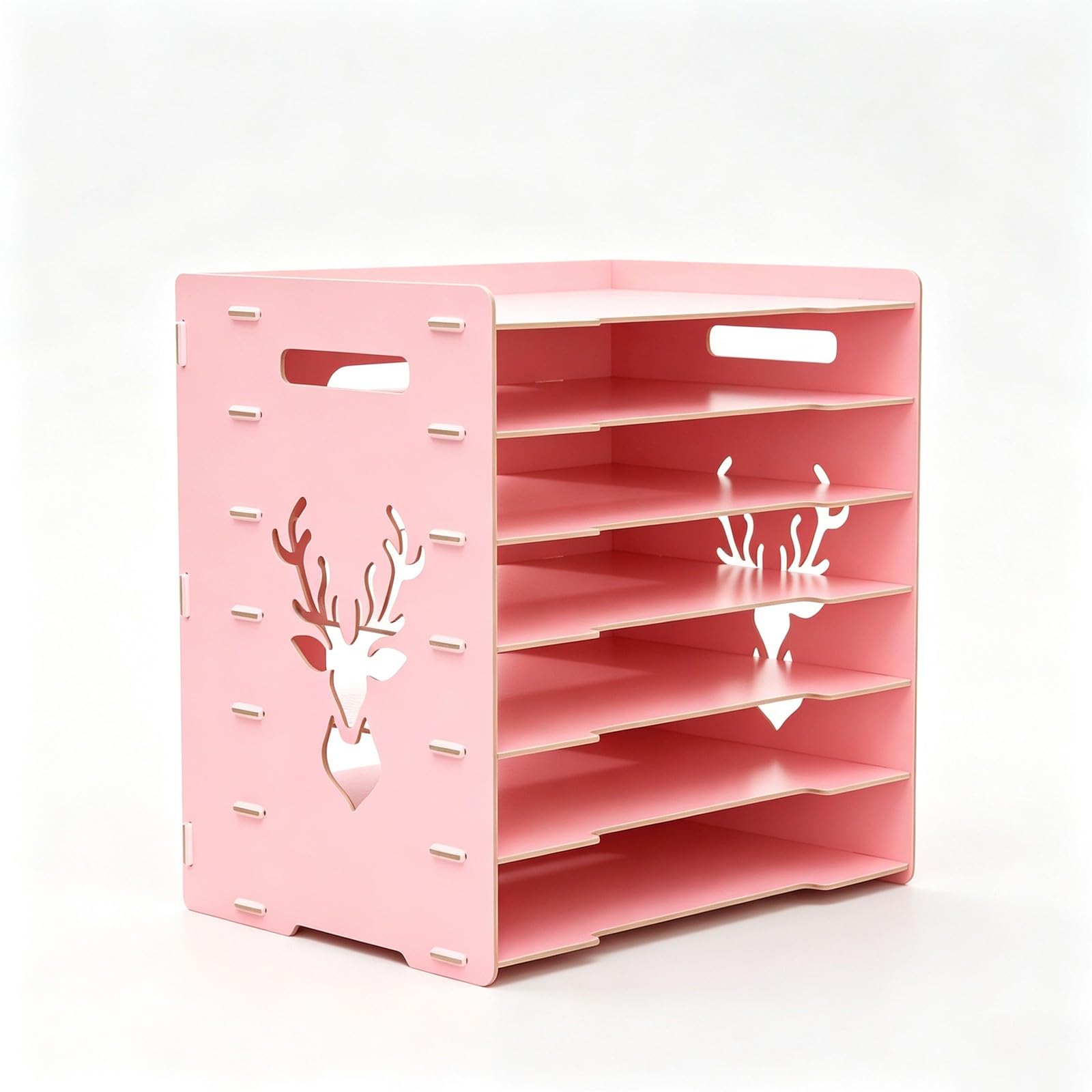 Moderne Schreibtischablage für Aktenordner, Stapelbares Papierregal aus Holz für den Schreibtisch zu Hause oder in der Schule(7-Tier_B_Pink)