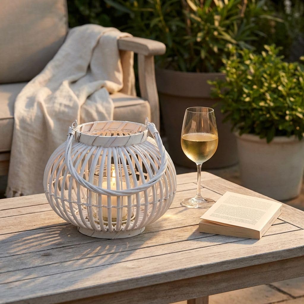 Milani Home - lanterna decorativa in vimini e vetro, bianco, portacandela da giardino e interno, per portico e veranda