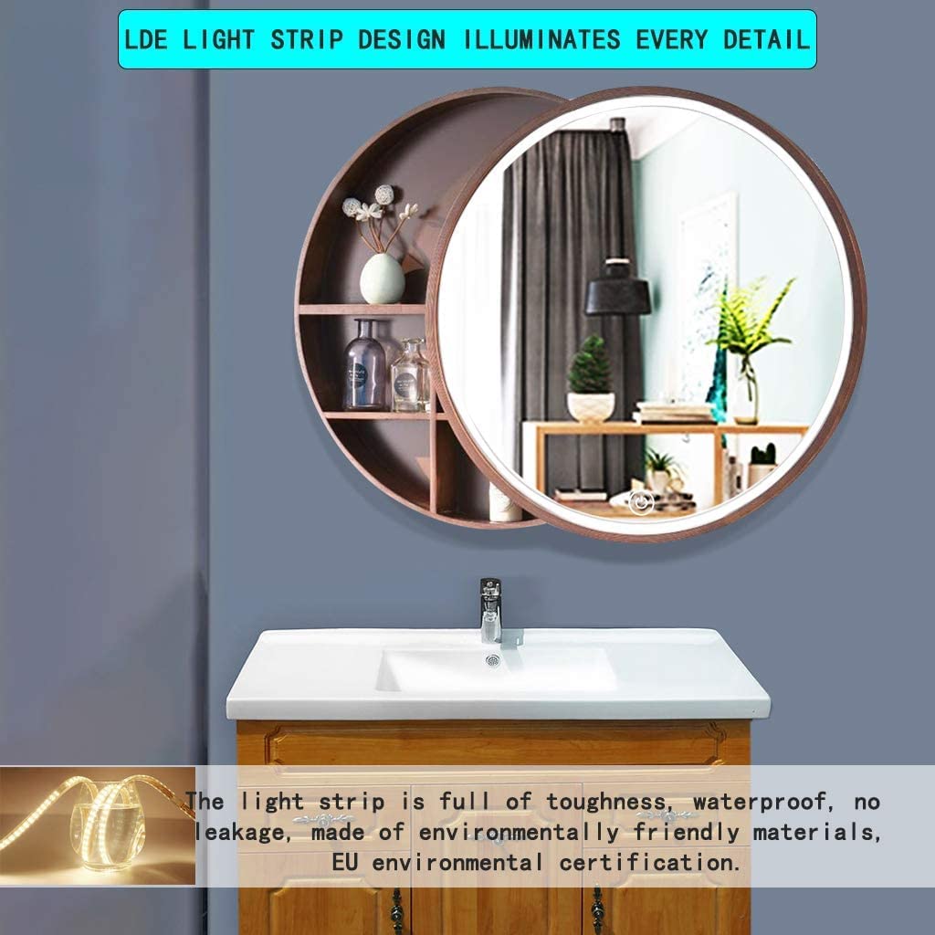 Lustro łazienkowe LED, Szafka łazienkowa z lustrem montowanym na ścianie, lustro łazienkowe litego drewna powłoką przeciwmgielną/okrągłe toaletkowe(Walnut,50cm)