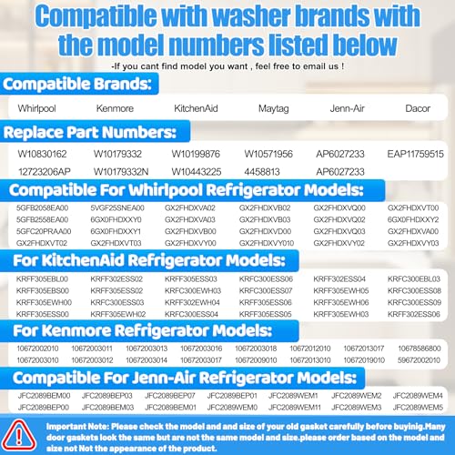 Image of 2x Upgraded W10830162 Refrigerator French Door Gasket Compatible with Kenmore, Kitchen-Aid and for Whirlpool 12723206AP W10179332 W10179332N W10199876 W10443225 W10571956 Refrigerator Door Seal White