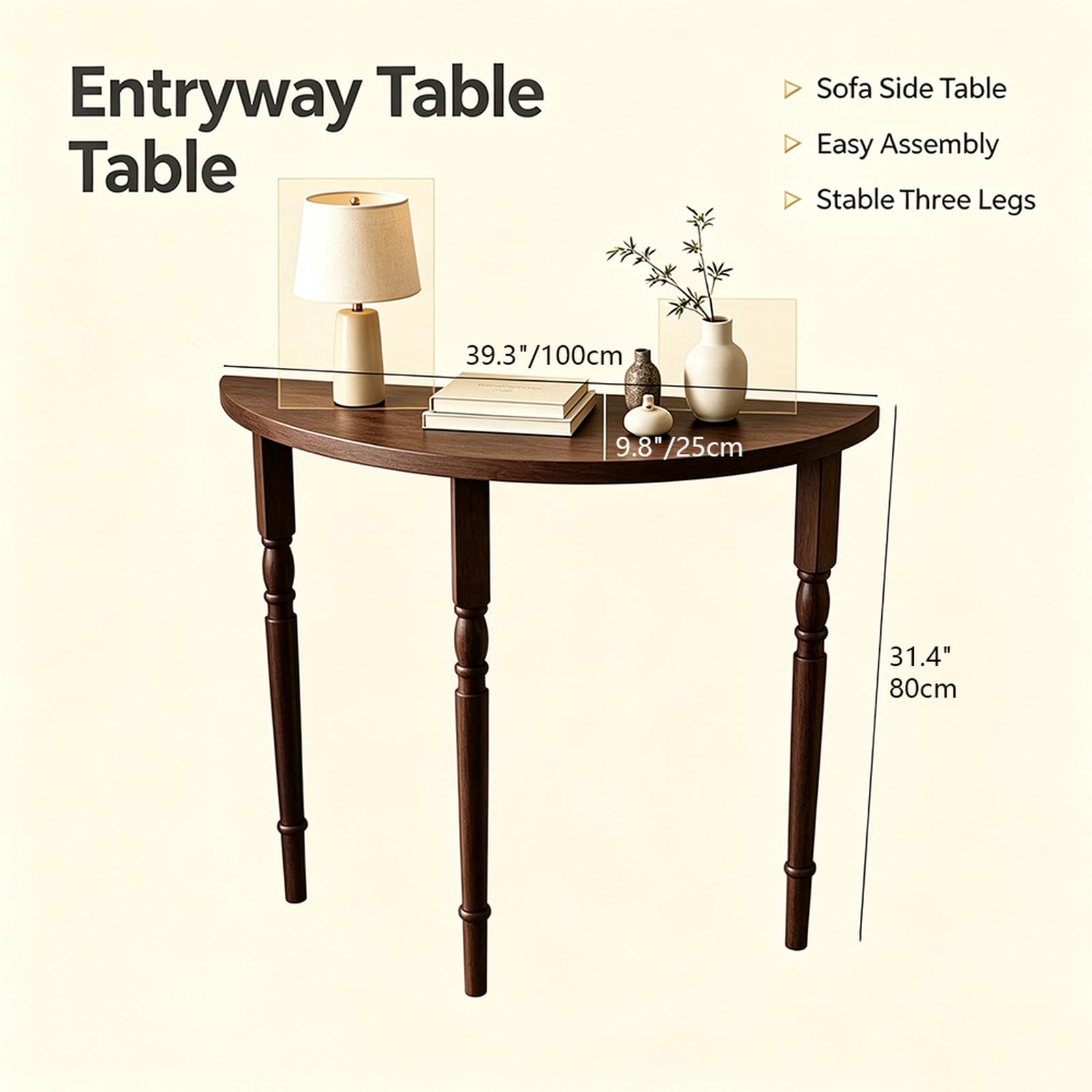 Table d'entrée Demi-Lune, Meuble d'entrée décoratif, Console en Bois de Style campagnard pour Salon ou Couloir (100 cm, Noyer)