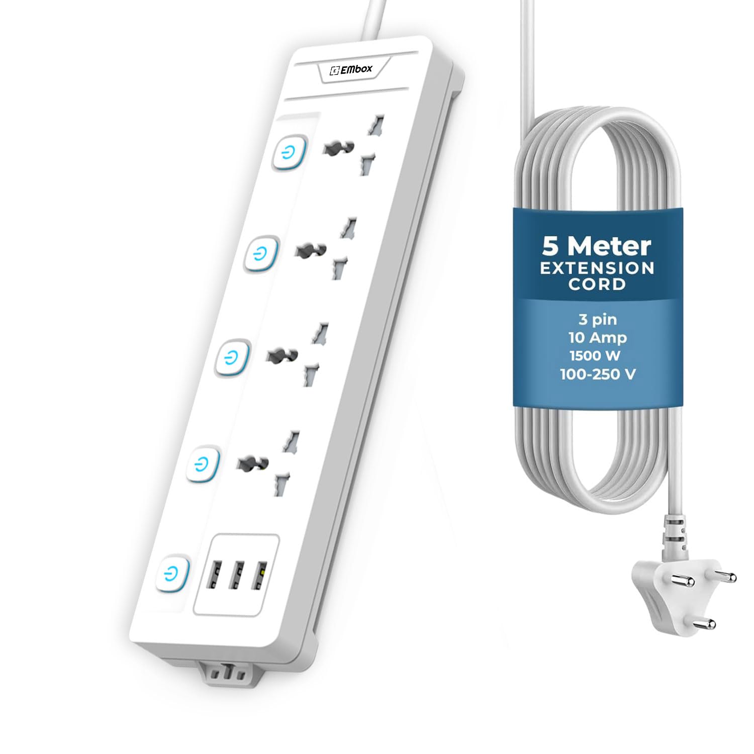 EMBOX 10A Extension Board with USB Port- 4 Universal Sockets and 3 USB