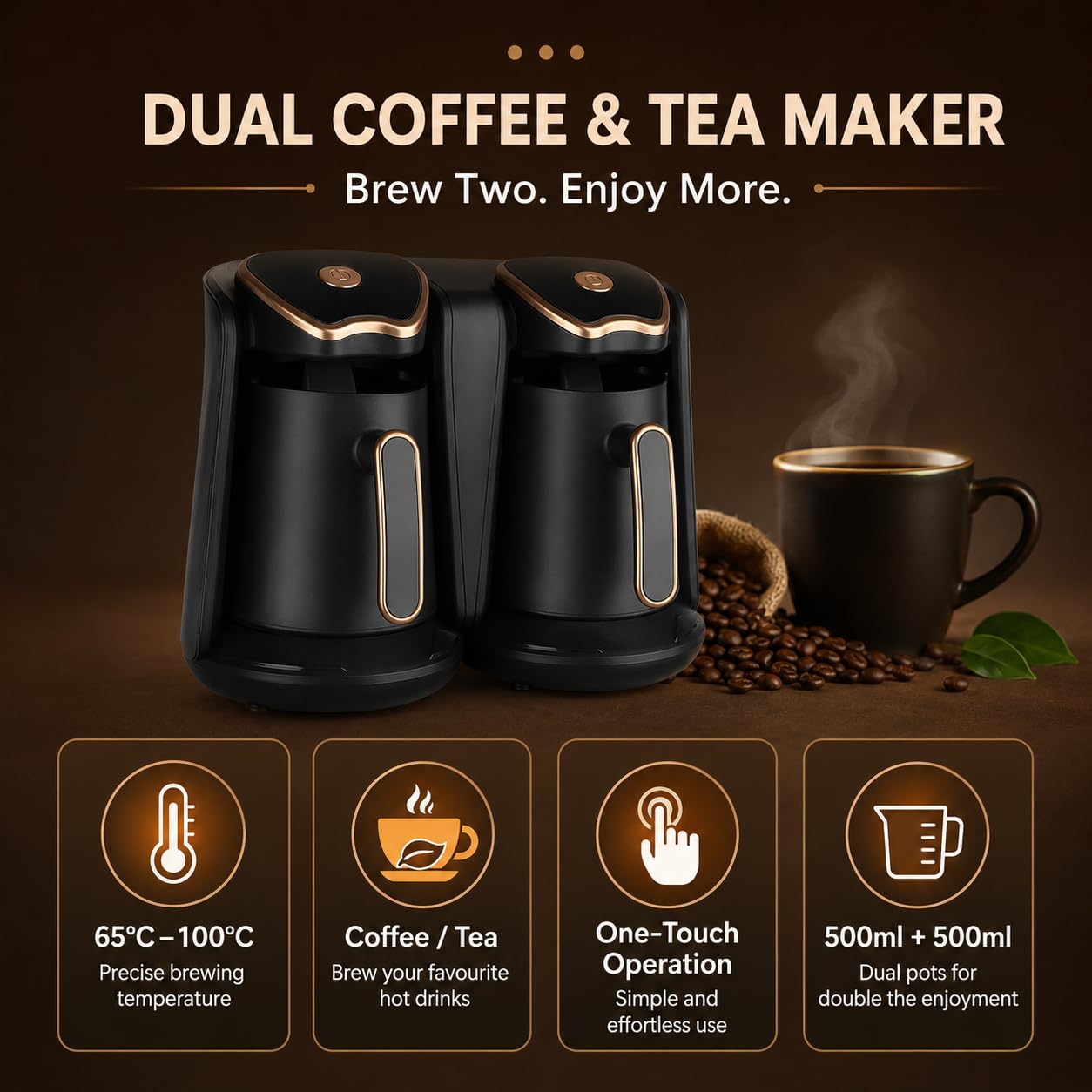 Macchina da caffè turca elettrica, 1200 W, doppia pentola, capacità 1 l, protezione anti-trabocco e a secco per una perfetta infusione
