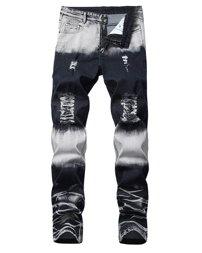 YOUCAI Men Autumn Spring Elasticity Stretchable Trousers Knee Destroyed Distressed Denim Biker Jeans Tapered Pants (No Belt) Blue White 34W