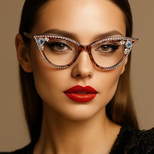 Miniatura 3 de ICARA Lentes de lectura con cristales brillantes y montura de ojo de gato retro con diamantes de imitación para mujer, lentes de computadora con