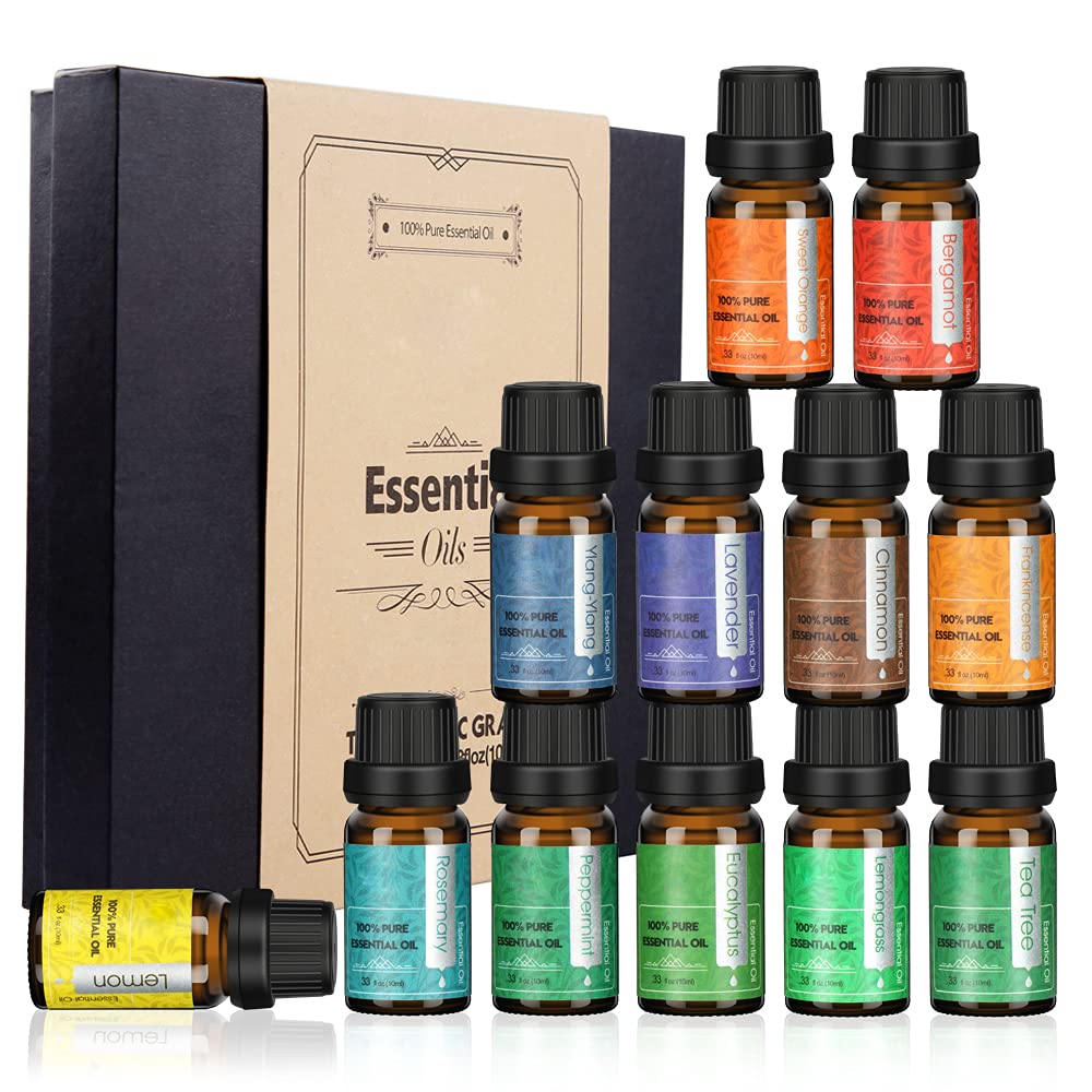 AMINAC Essential Oils Set 12 Pieces, 100% Pure Aromatherapy Oils Pure Lavender, Lemongrass, Tea Tree, Eucalyptus, Lemon, Peppermint, Frankincense, Rosemary Etc, Massage Oil Body Oil Essential Oilmon
