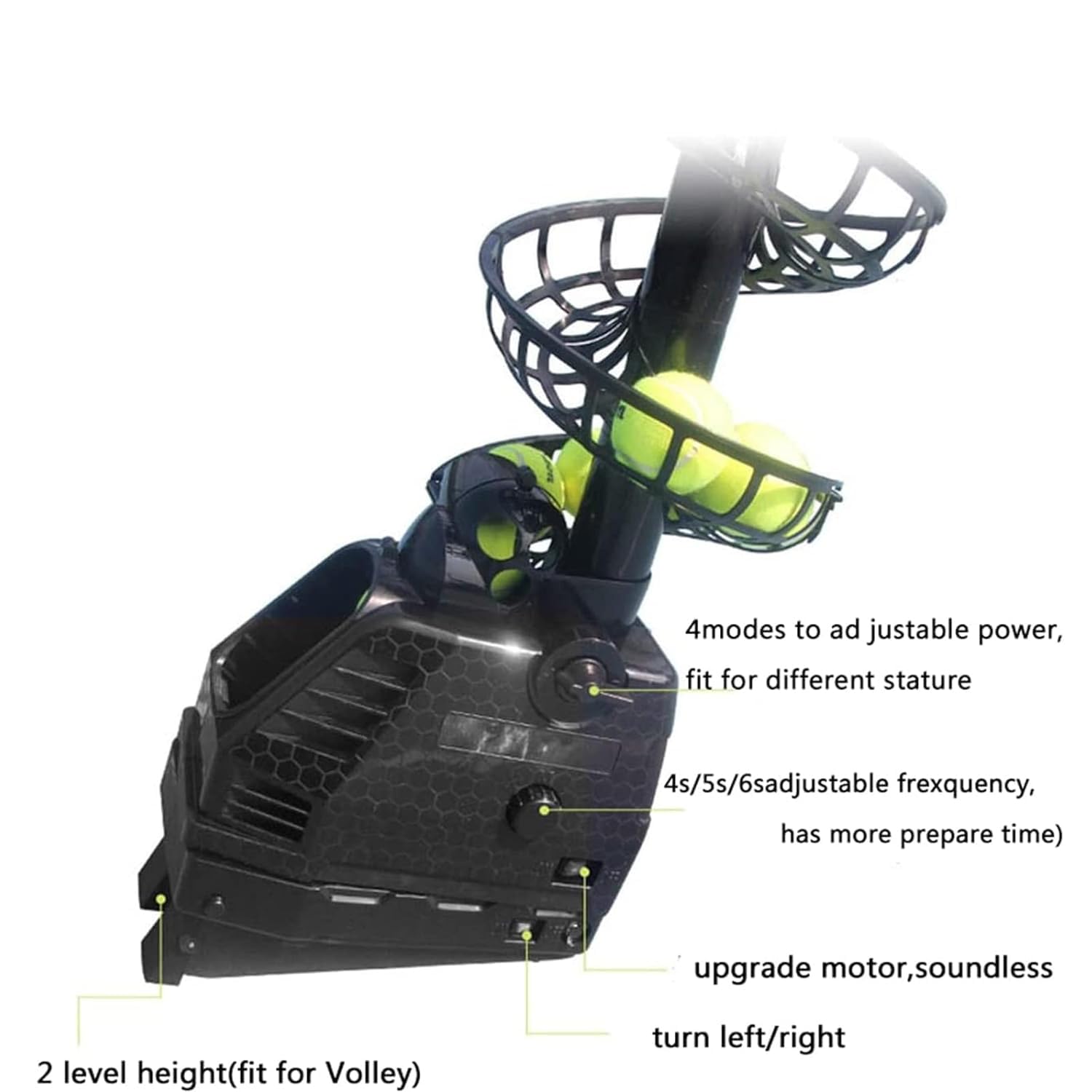 Lanceur de balles de tennis avec fréquence réglable et rotation automatique, capacité 30 balles